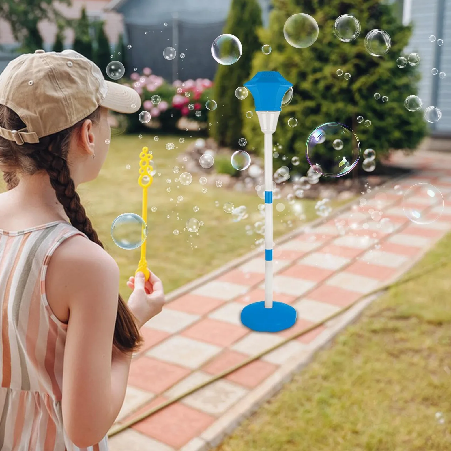 Macchina bolle bacchetta Soffice giocattolo ricaricabile 10 fori a lampione | Con Musica E LED Da Terra Regolabile E Bacchetta Bolle Bambini In Piedi per