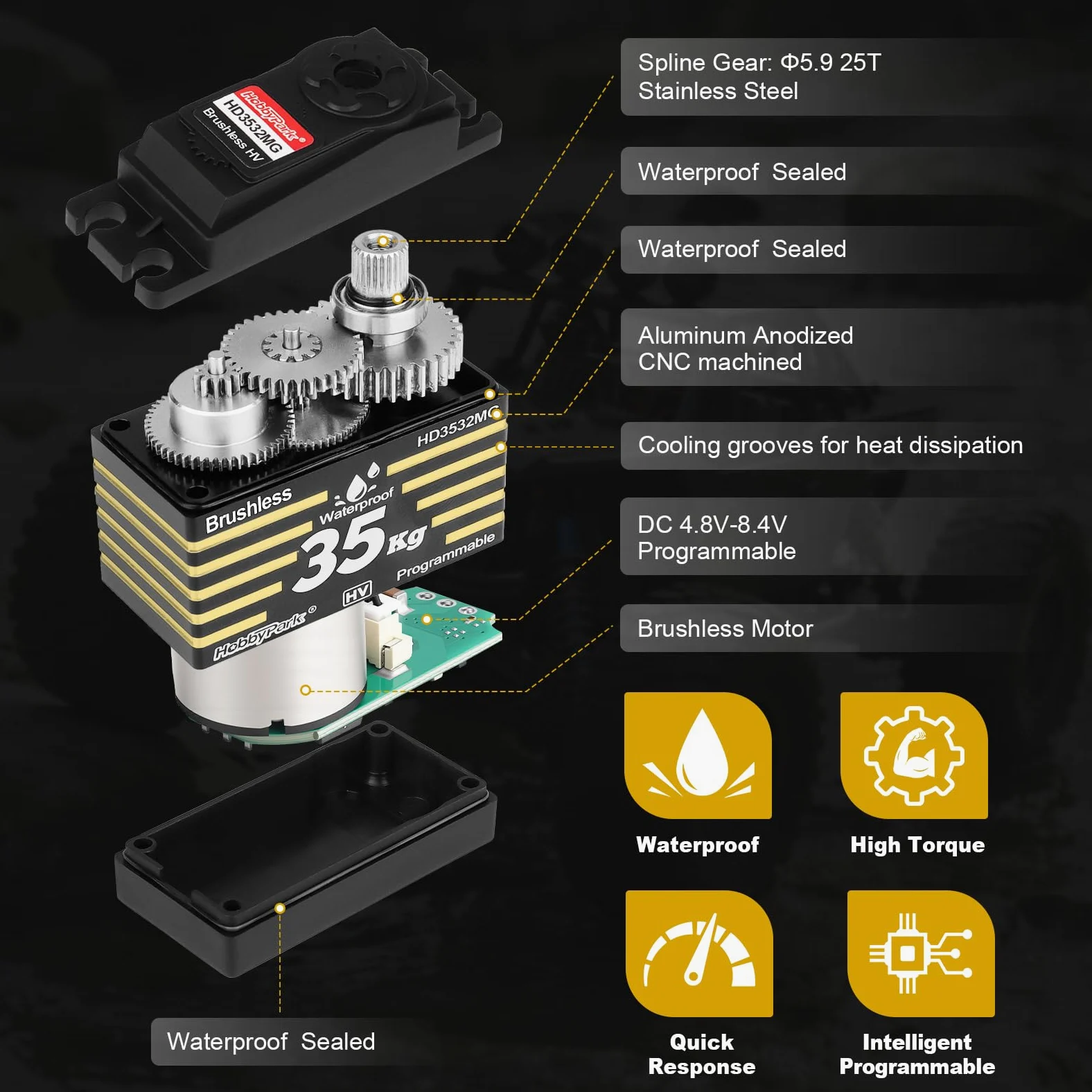 HobbyPark Impermeabile 35KG Alta Coppia Servo Brushless Motor Metal Gears Digital Servo Arduino Servo Programmabile per 1/8 1/10 1/12 RC Crawlers RC Camion RC Auto Buggy Robot FAI DA TE Angolo di