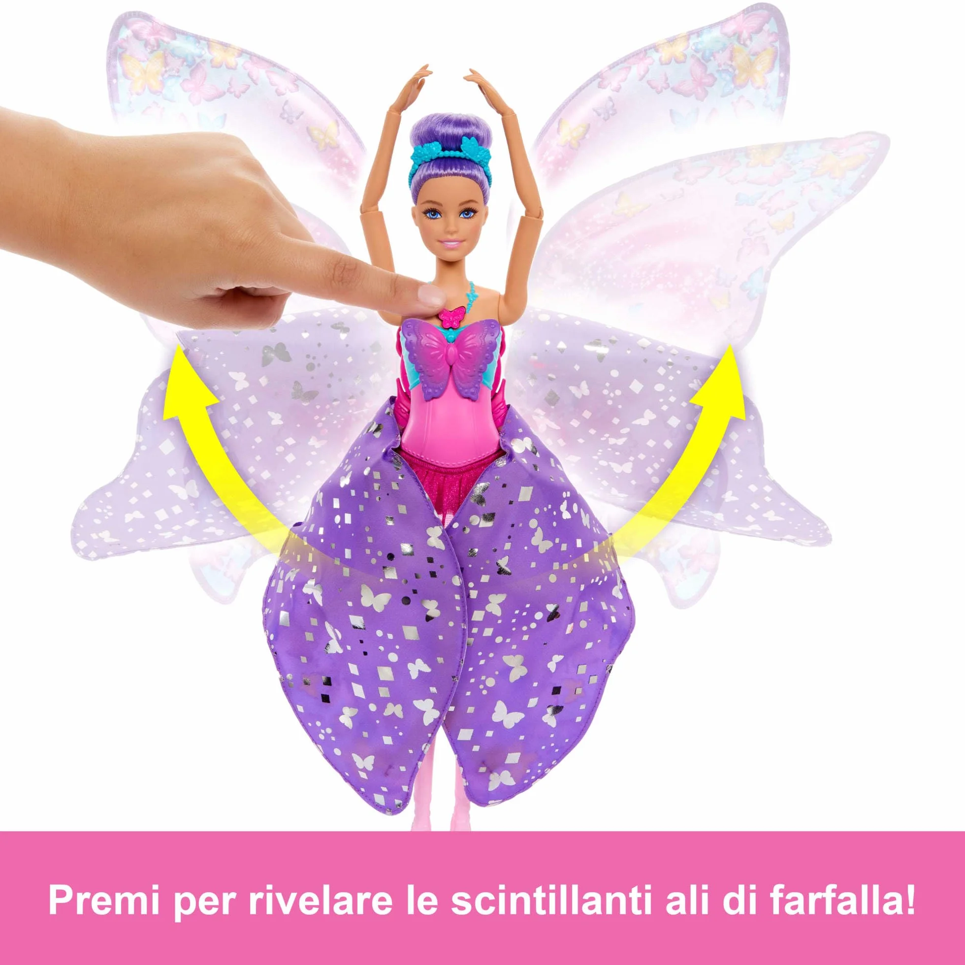 Barbie - Ali Scintillanti, bambola dai capelli viola, trasformazione 2 in 1 da ballerina a farfalla con ali apribili, cerchietto e tutù rimovibile inclusi, giocattolo per bambini, 3+ anni, HXJ10