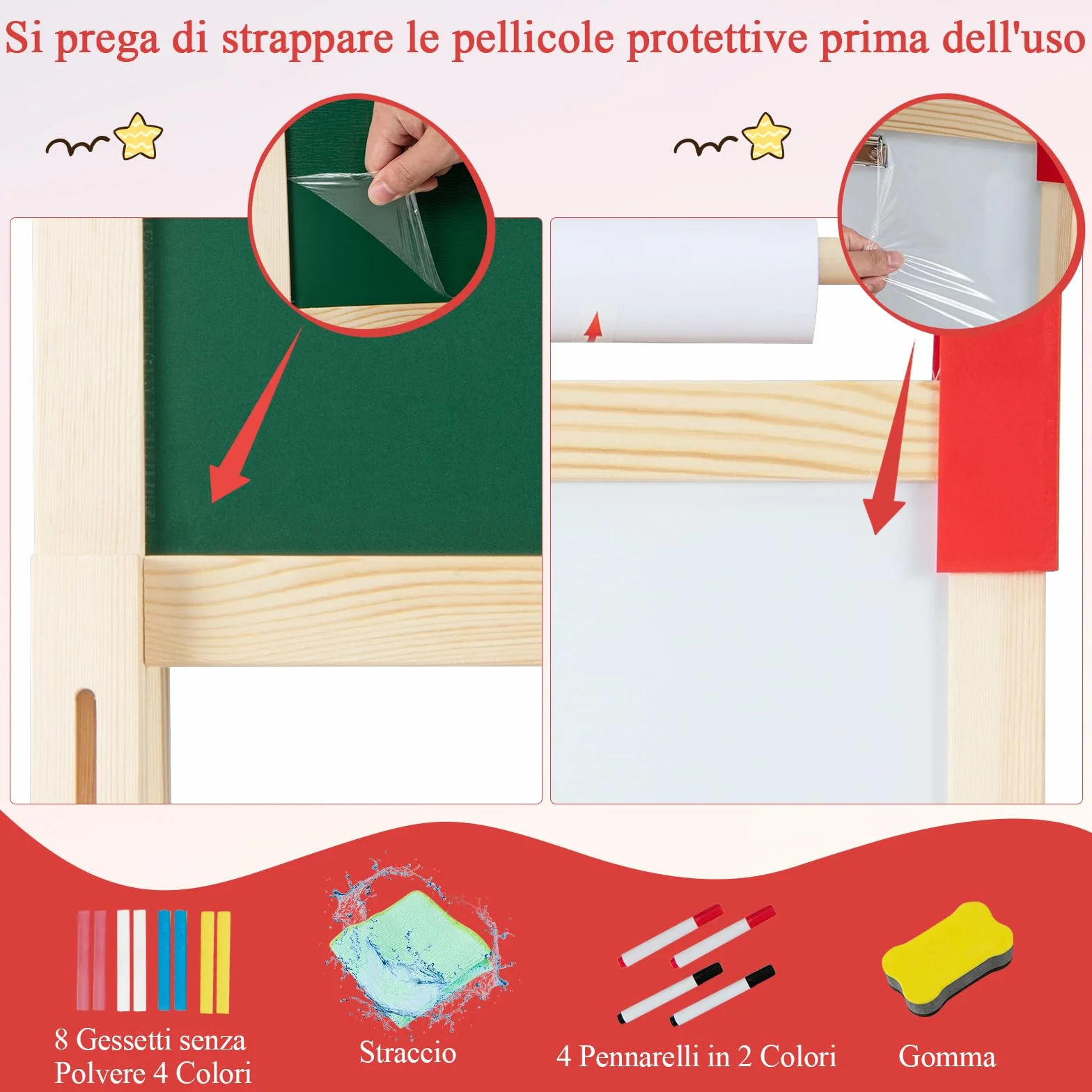 RELAX4LIFE Cavalletto per Bambini Regolabile in Altezza Legno Doppia Faccia Lavagna Magnetica Bianca Rotolo Carta Accessori Pittura