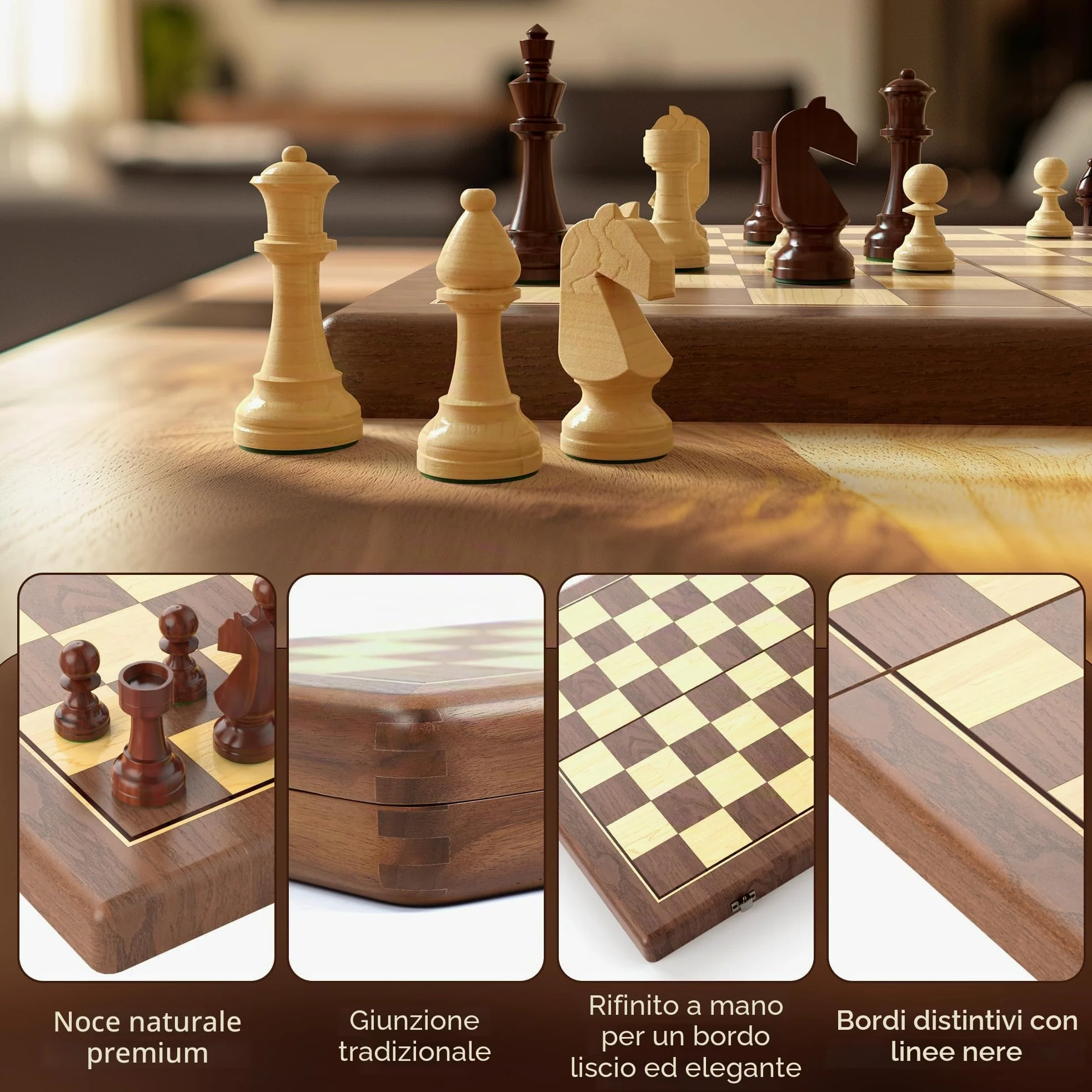Set di scacchi magnetici e dama in noce, 38 cm, gioco da tavolo pieghevole 2 in 1 con personaggi Staunton, 2 donne extra, mattoncini e sacchetto antipolvere (nero)