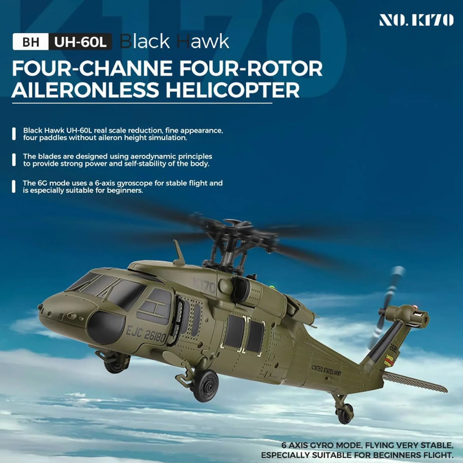 Generico Elicottero radiocomandato WL K170, 4 canali 2.4G Flybarless UH-60L RC Aereo Militare con Volo stazionario in Quota, Motore brushless per Adulti, Aereo RC giroscopico a 6 Assi