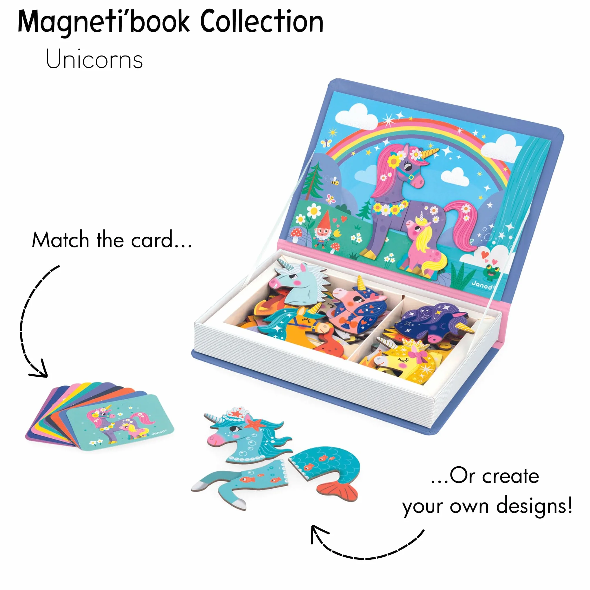 Janod - Magnéti'Book Unicorni - Gioco Educativo Magnetico 44 Calamite + 10 Modelli - Giocattolo per Bambini in Cartone FSC - Sviluppa la Manualità e l'Immaginazione - dai 3 Anni