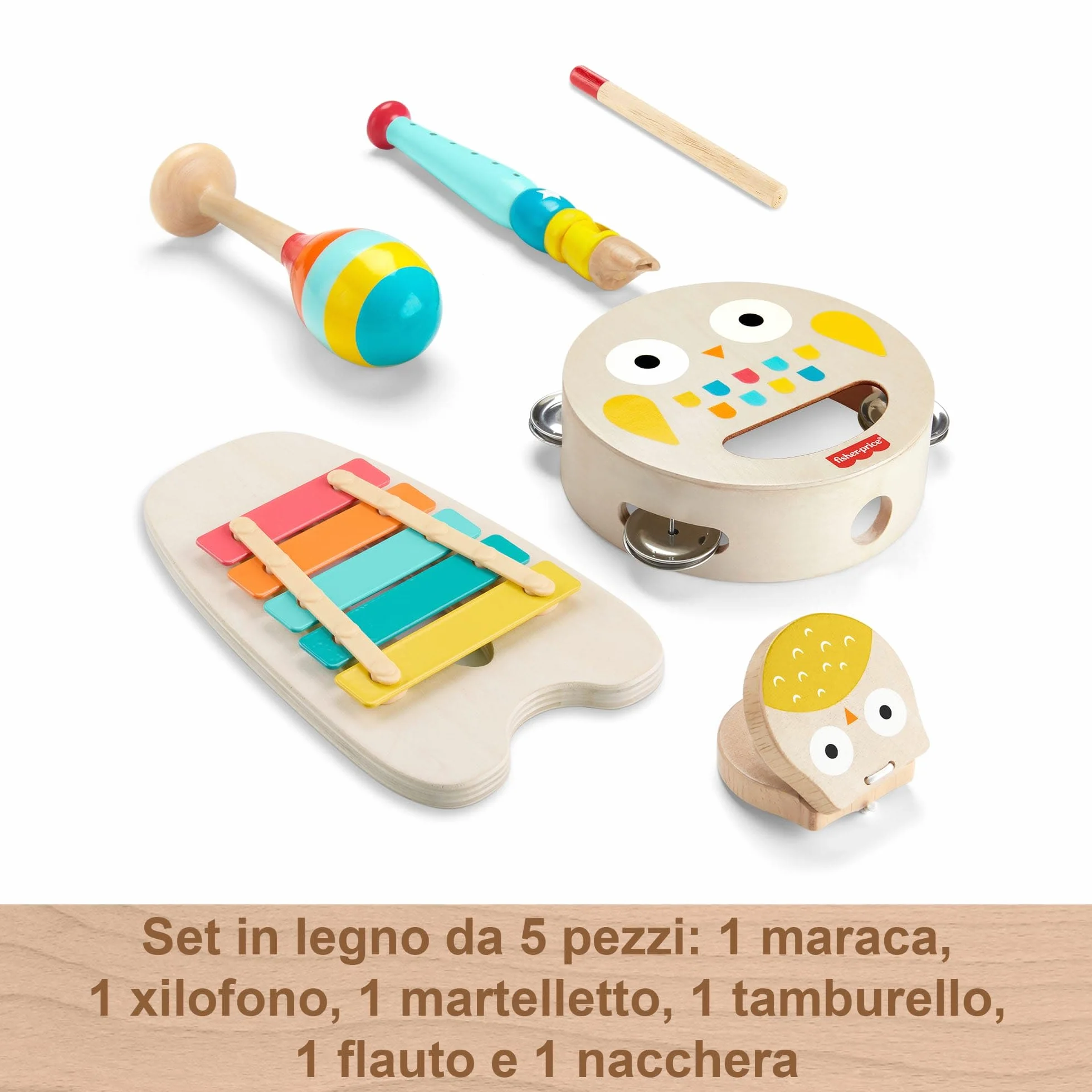 Fisher-Price - Set Strumenti Musicali, 6 Strumenti Giocattolo in Legno a Forma di Animali per Lo Sviluppo delle capacità motorie e sensoriali, Giocattolo per Bambini, 2+ Anni, HXT90