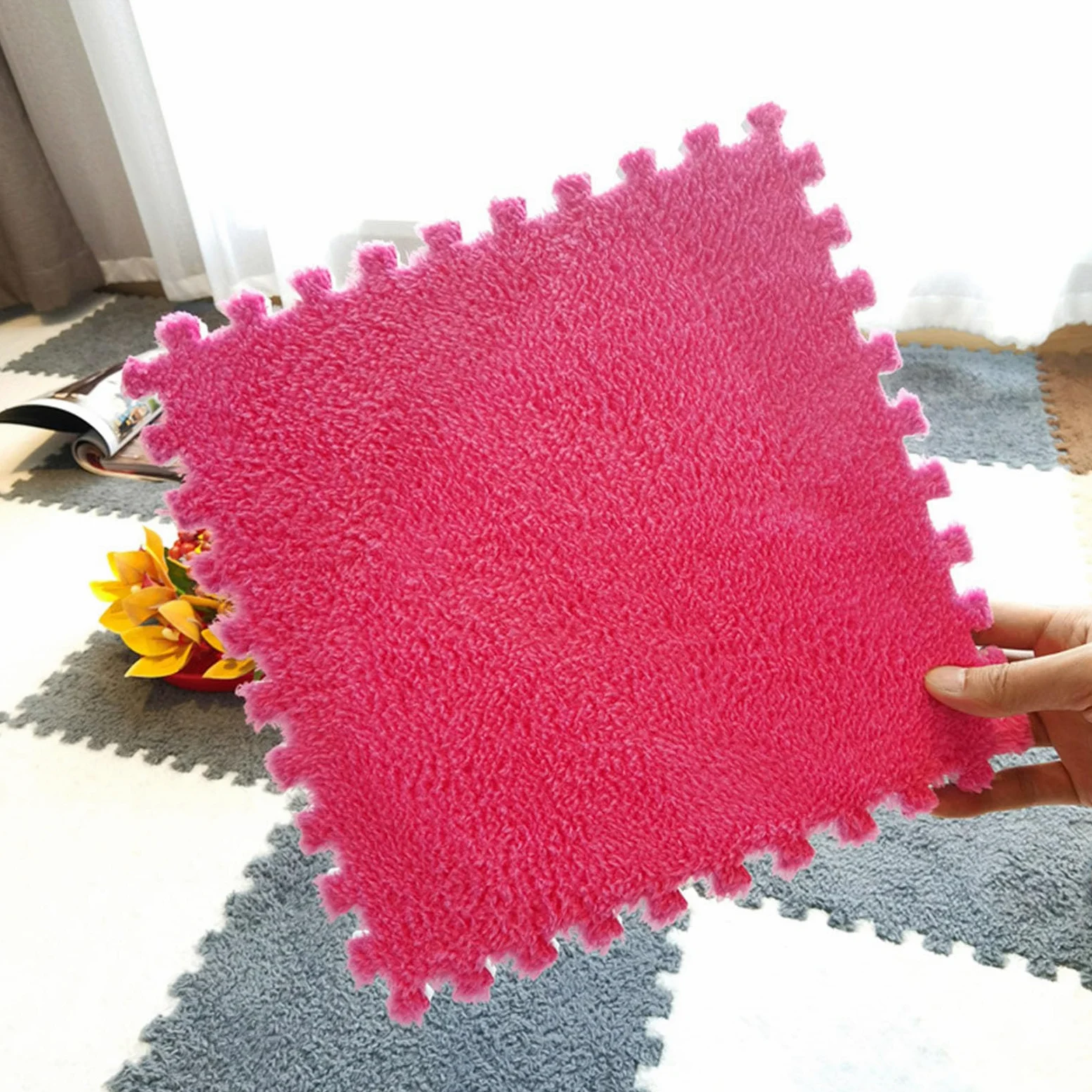 Giuntura Tappeto ad Incastro Splicable tappeti Quadrati ad Incastro, 20/50 Pezzi, Morbido Cuscinetto in Schiuma di Peluche, Tappeto Antiscivolo, soffice Piccolo Tappeto i,Rose-50pcs