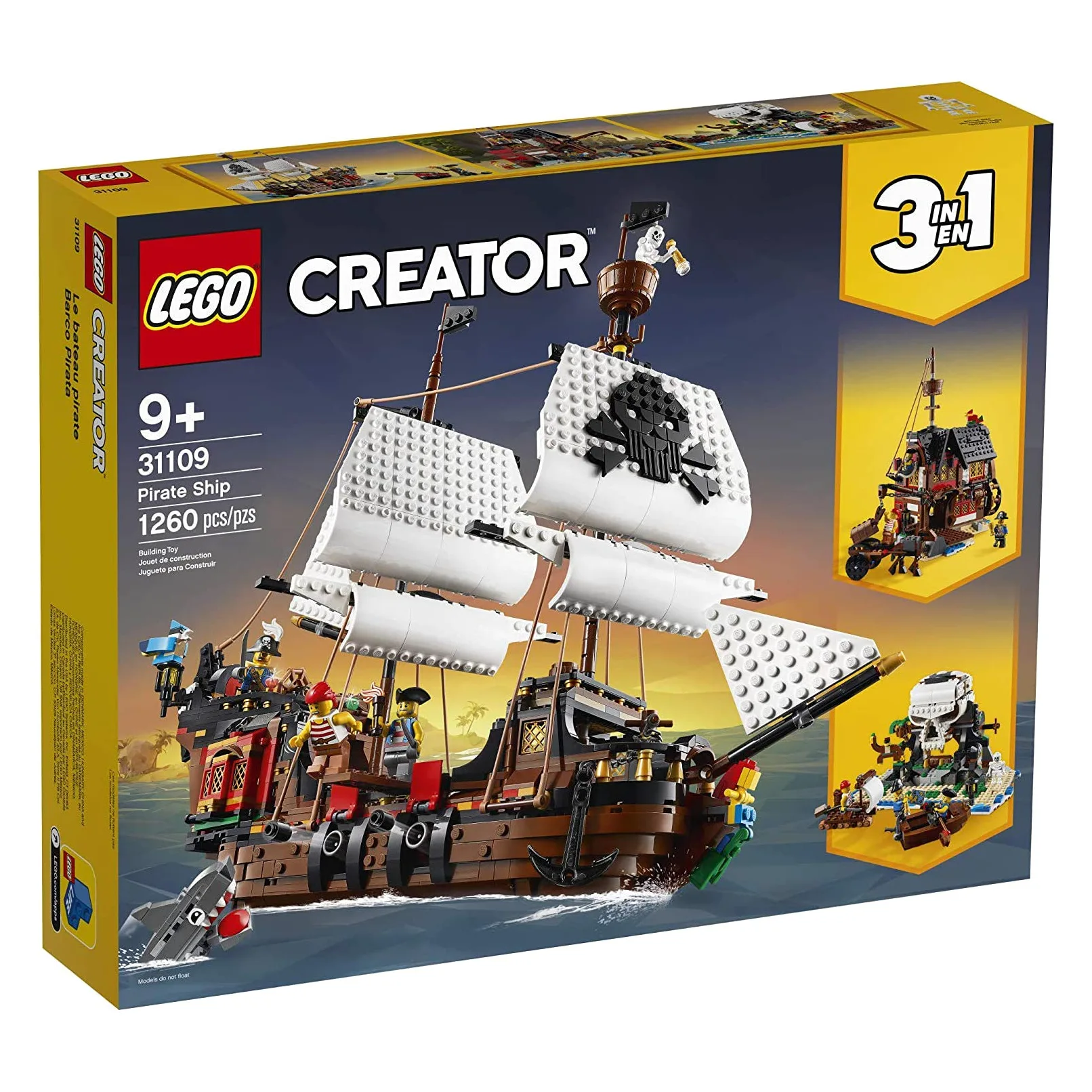 LEGO Creator 3in1 Pirate Ship 31109 Building Playset for Kids who Love Pirates and Model Ships, Makes a Great Gift for Children who Like Creative Play and Adventures, New 2020 (1,260 Pieces)