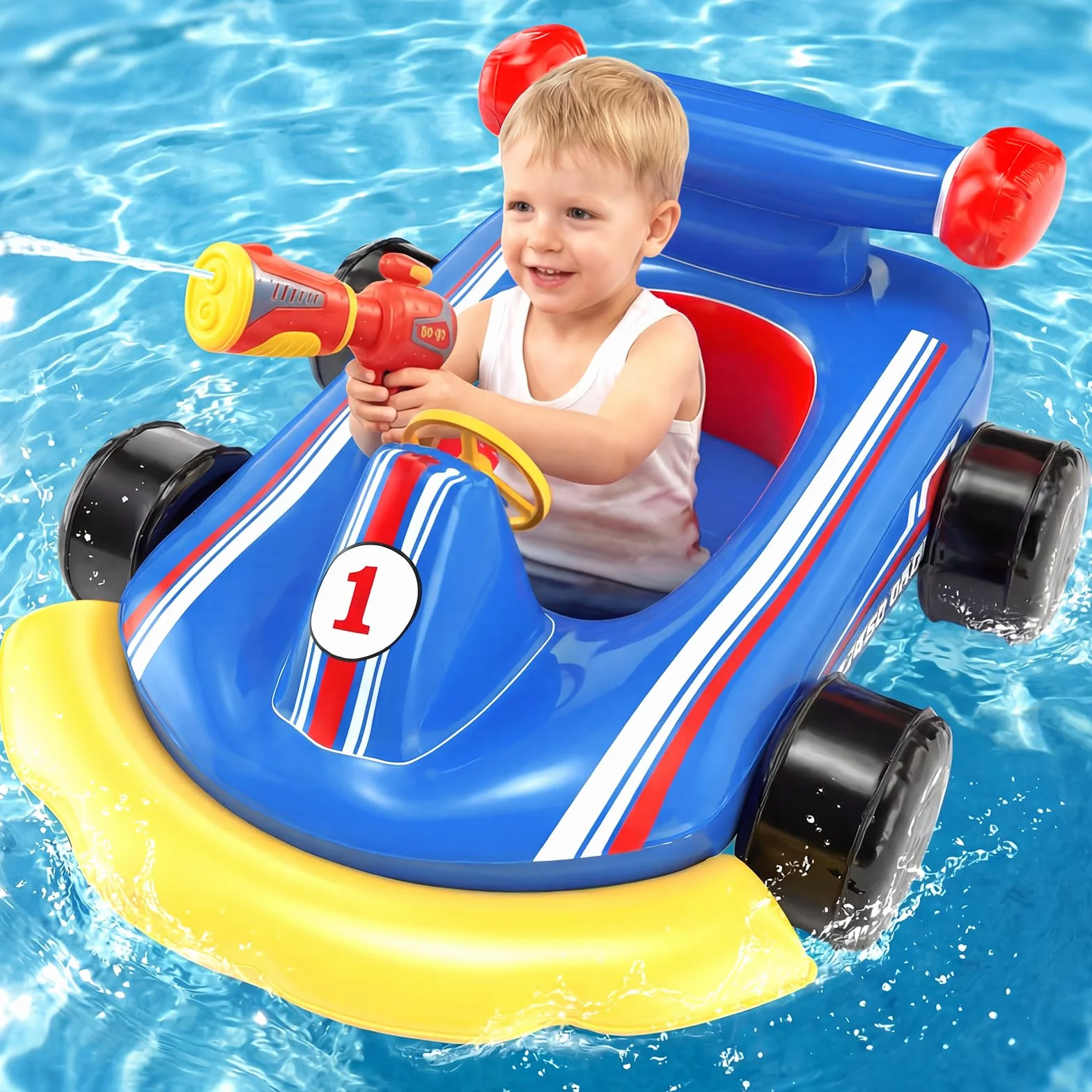 Lehoo Castle Gommone Gonfiabile con Pistola ad Acqua e Volante Sonoro, Ausilio di Galleggiamento Go-kart per Bambini dai 3 ai 6 Anni, Seggiolino da Piscina Sicuro per Giochi Acquatici Estivi