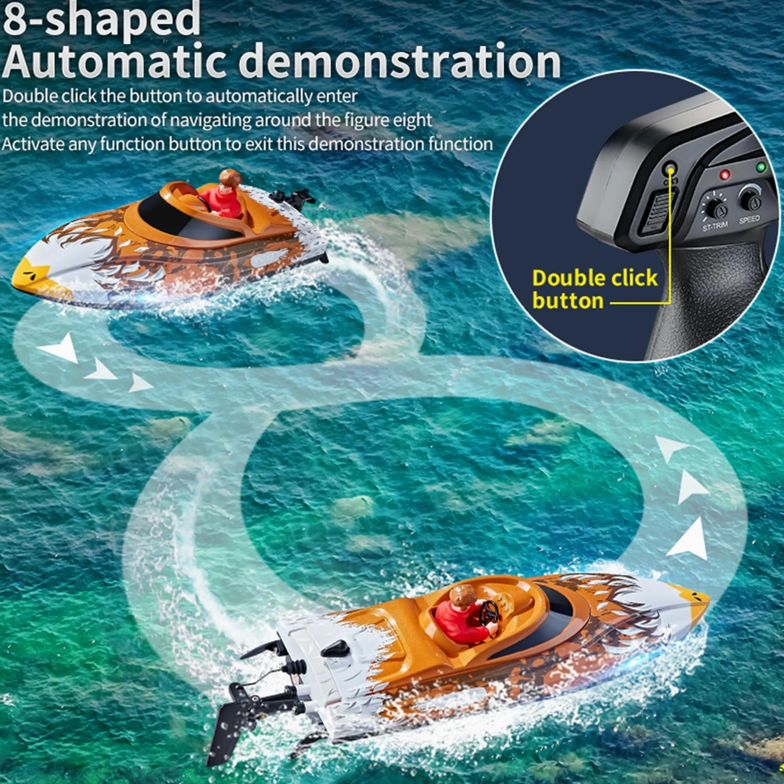Barca telecomandata, 25 km/h, barche da corsa Speedboat ad alta velocità, barca RC da 2,4 GHz con luci LED, allarme a bassa tensione, ripristino automatico con un clic (marrone)