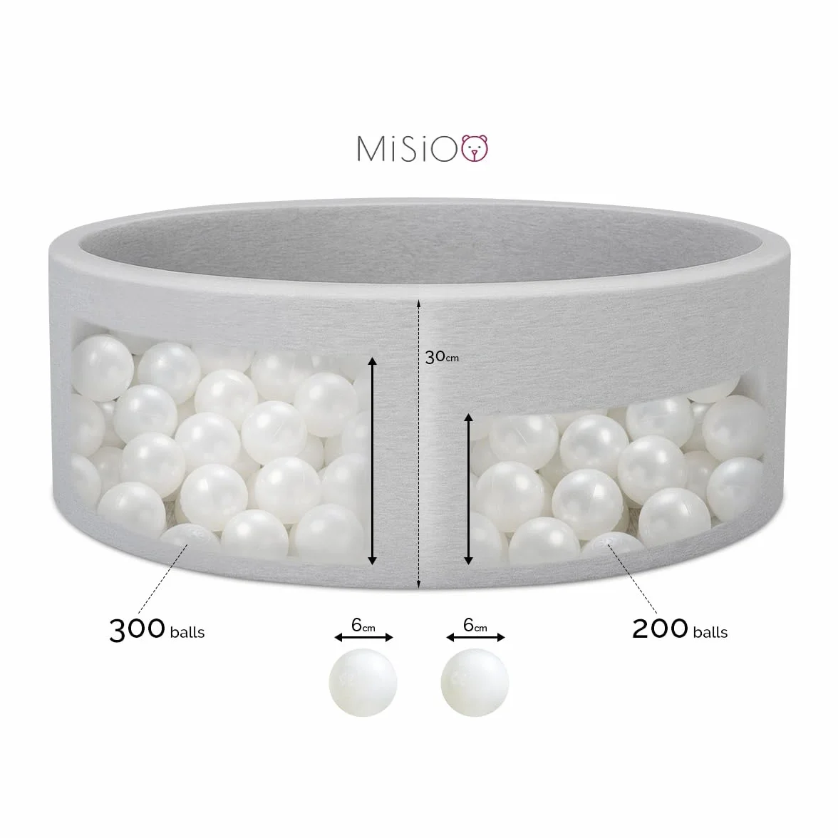 MISIOO Palline da bagno - 300 palline da 6 cm - blu - perla - argento - palline morbide e non tossiche - giocattoli per bambini. Perfetto per il gioco creativo e la promozione delle capacità motorie