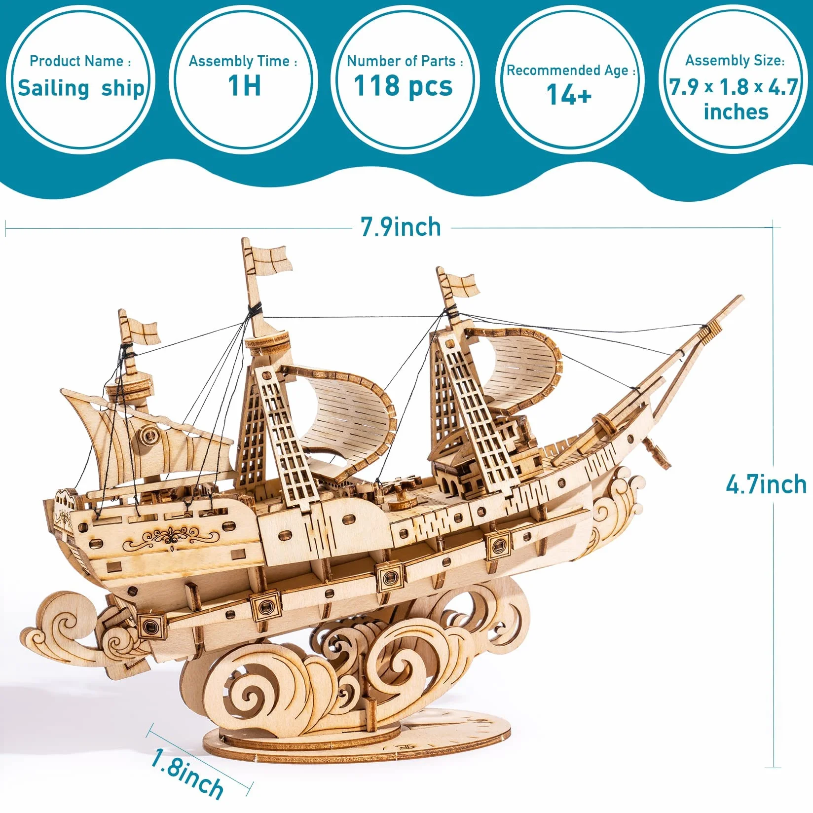 Robotime Puzzle 3D in legno per bambini e adulti Kit di costruzione di barche Rompicapo artigianale Kit fai-da-te per bambini dagli 8 anni in su (Veliero)