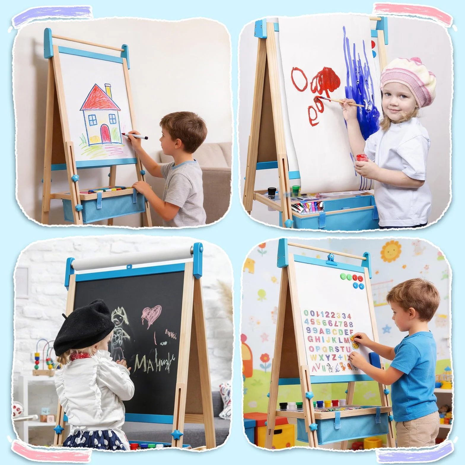 Lavagna per Bambini 3 in 1 Cavalletto Regolabile 115-134cm Legno Massello Magnetica e Bianca con Rotolo Carta 13 Accessori