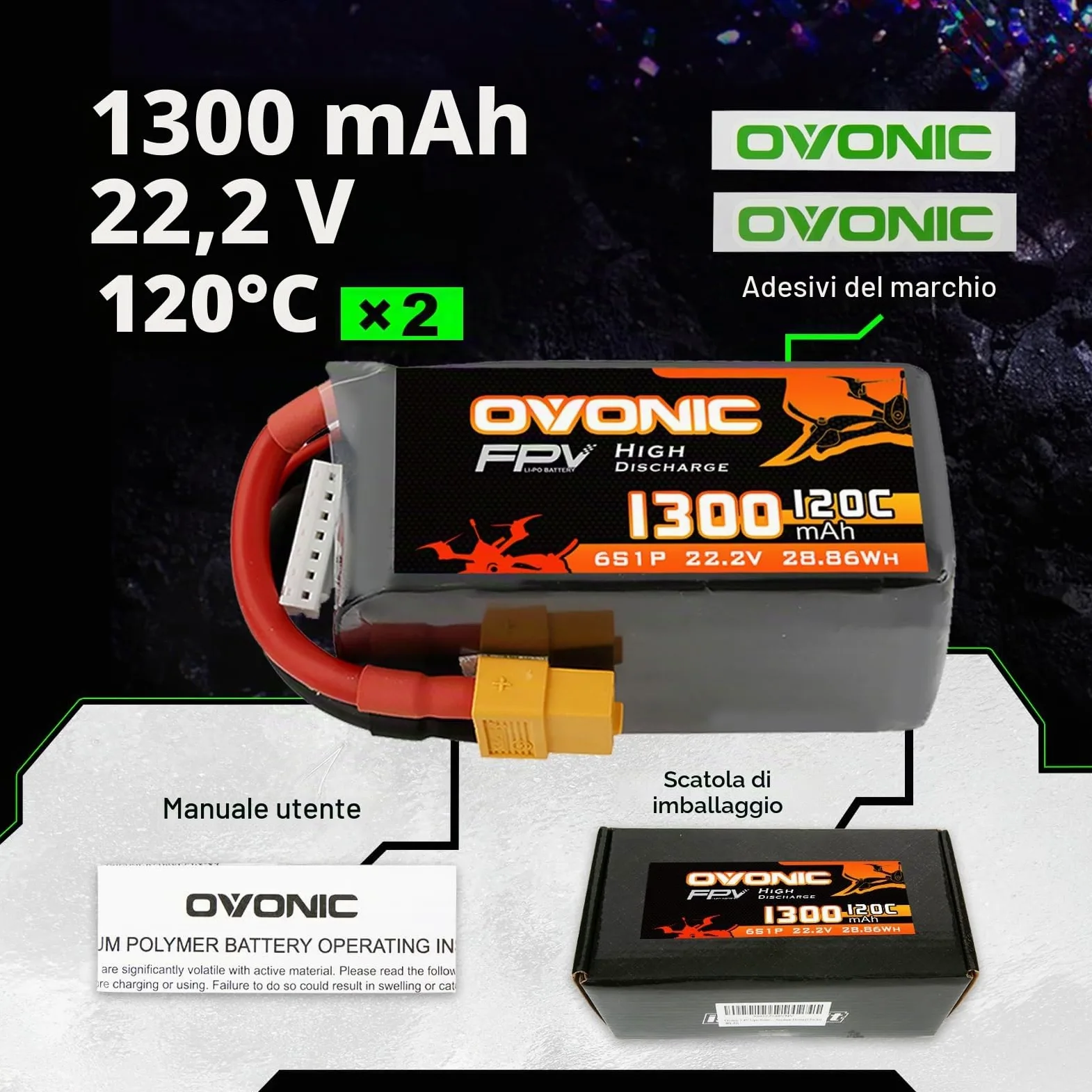 OVONIC Batteria Lipo da 6s, 1300 mAh, 22,2 V, 120 C, con spina XT60, per elicottero RC FPV, aereo, quadricottero, hobby racing (2 pezzi)
