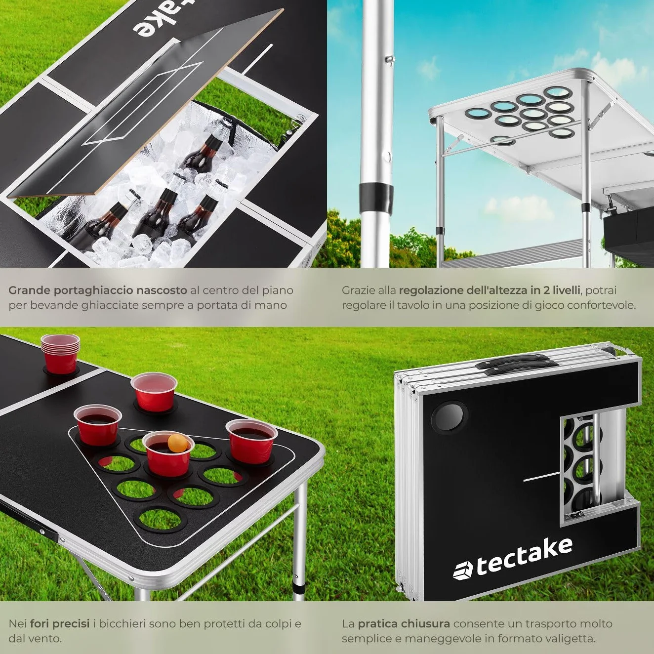 tectake® Tavolo da Beer Pong, Pieghevole con Maniglia, Kit Completo Bicchieri Multicolor e Palline, Beer Pong Set, Struttura in Alluminio, Regali Divertenti, Giochi per Festa - 235 x 60 x 70 cm