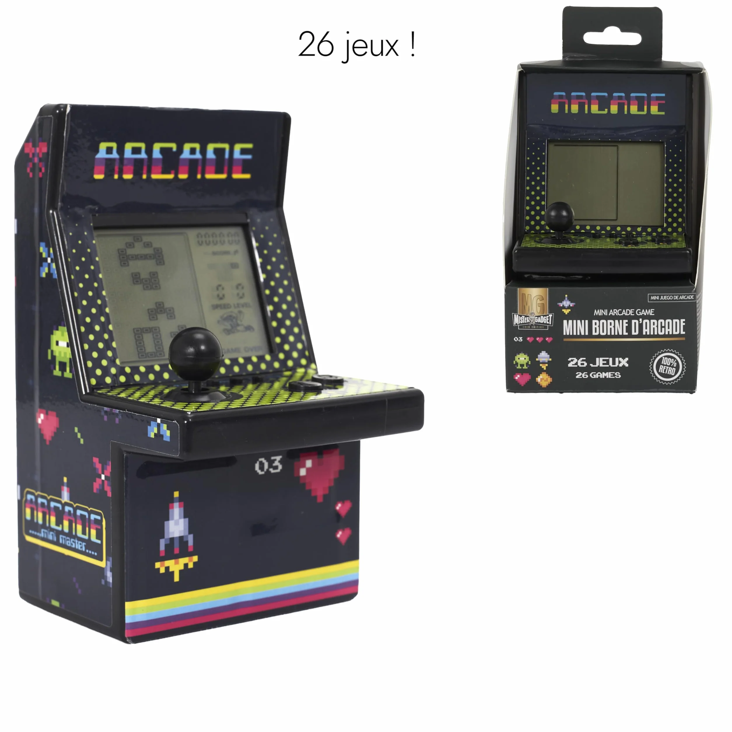Mister Gadget, MG3565, Giochi Arcade 26 Giochi, Console di Gioco retrò con 26 Giochi Integrati, Modello, Colore Nero, Gioco per Adulti, Console retrò con 26 Giochi