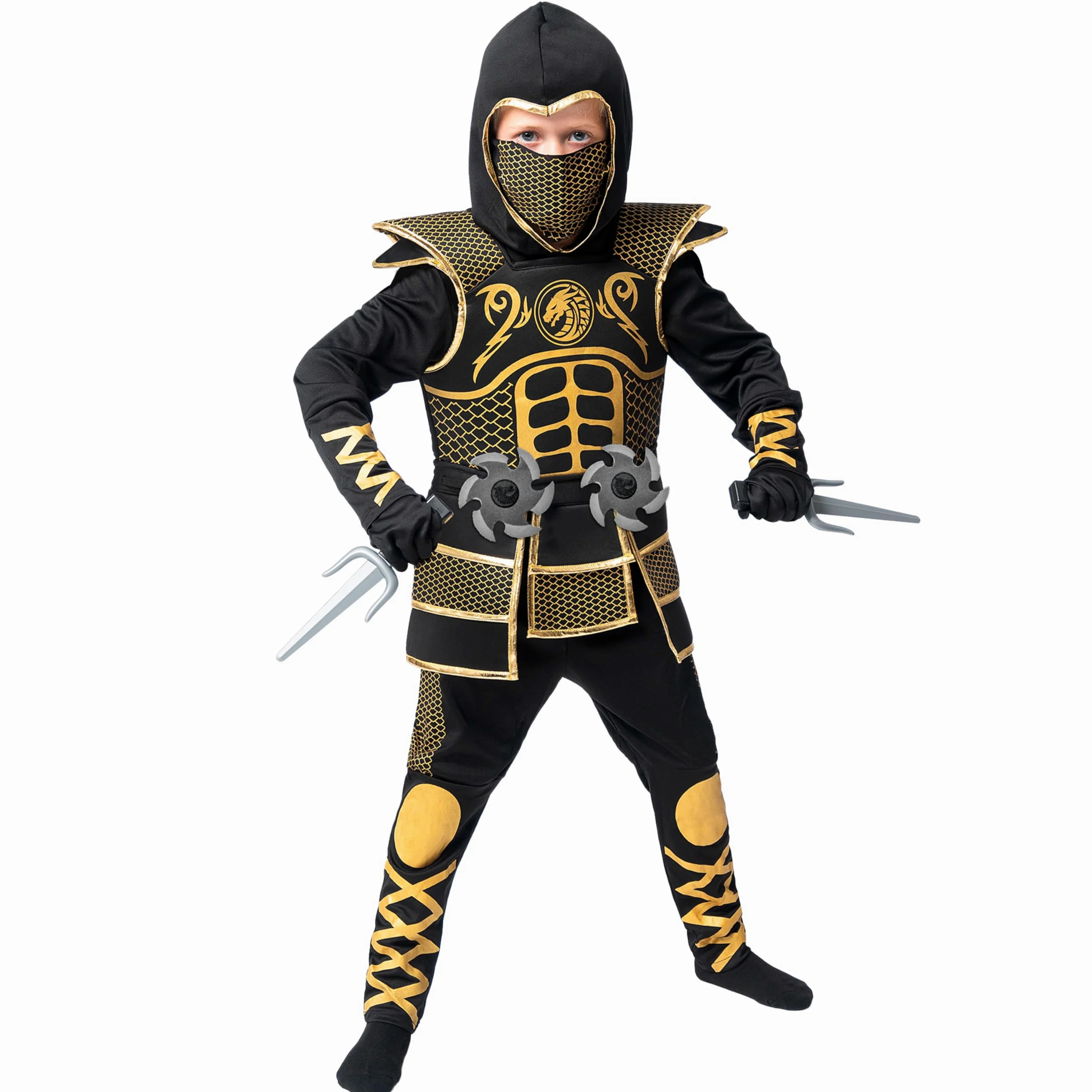 Spooktacular Creations Costume Ninja d'oro per ragazzi, set di costumi Ninja per bambini con armatura d'oro e modelli per Halloween Costume Ninja Dress Up Party