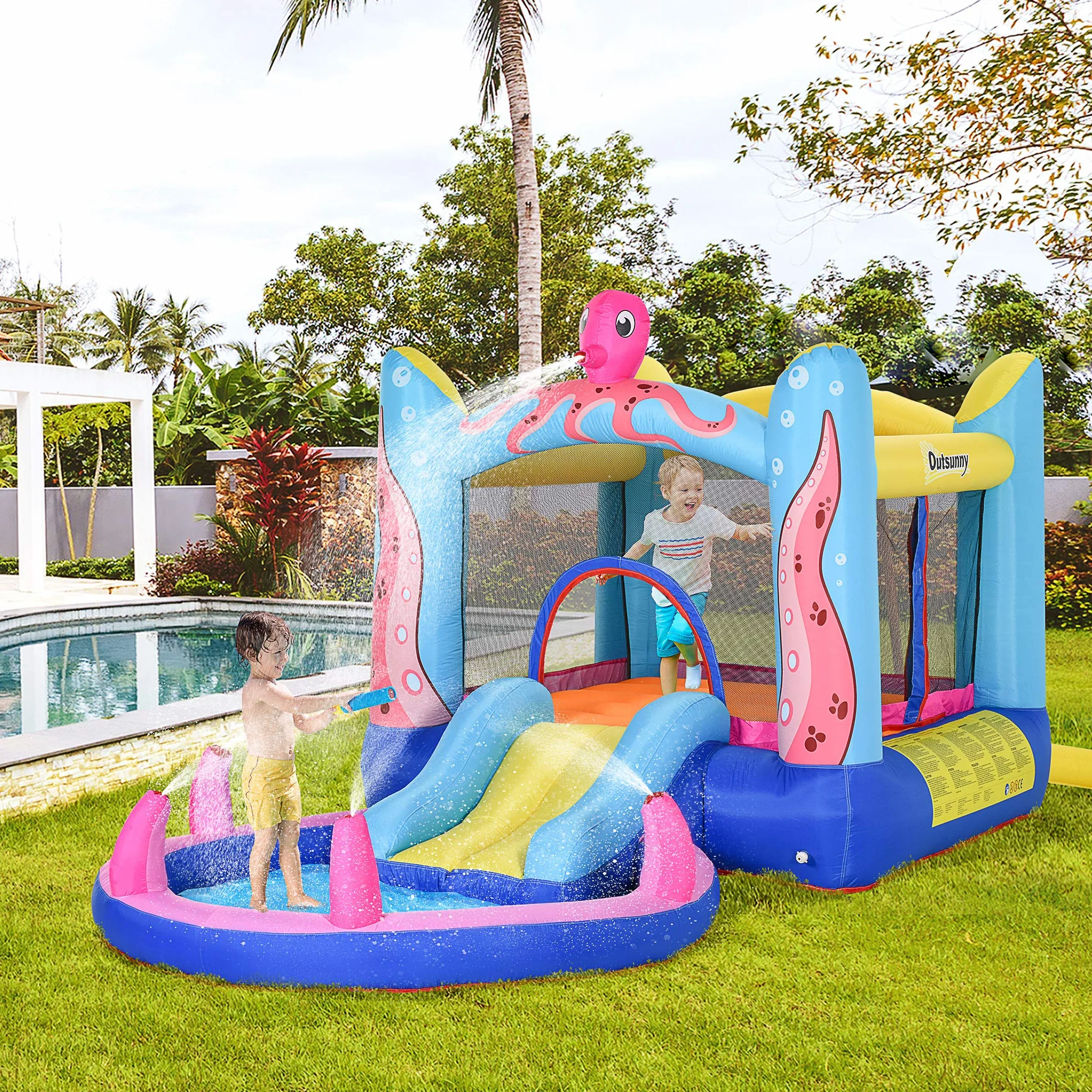 Outsunny Castello Gonfiabile Gigante e Rimbalzante per Bambini 3-8 Anni con Scivolo, Piscina e Gonfiatore 3.6x1.75x1.8m