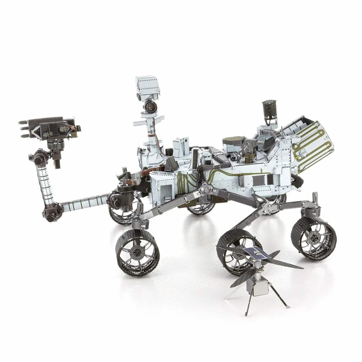 Metallo Earth Aviation: Mars Perrigorance & Ingenuity Helicopter, Rover: 9 x 12,5 x 7,5 cm & elicotteri: 3,3 x 2,6 x 2 cm, modellino 3D in metallo con 4,5 fogli, su scheda 12 x 17 cm, 14+.
