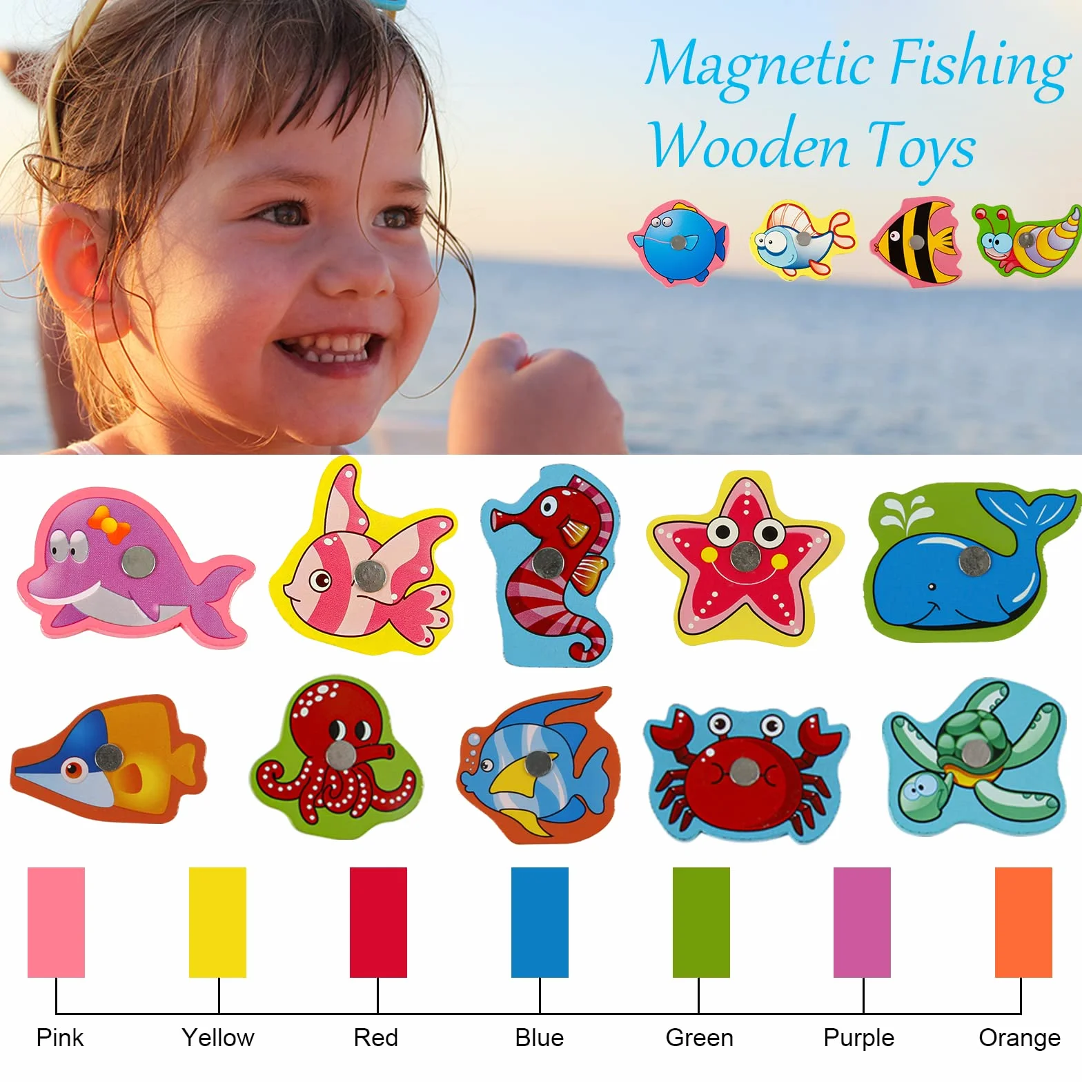 Giocattoli di Legno Gioco di Pesca, Vittse Giochi Montessori Bambini 2 Anni Gioco di Pesca Magnetico, Bambino in Legno Educativo Giocattoli, Giochi per Bambini per Sviluppo (Blu)