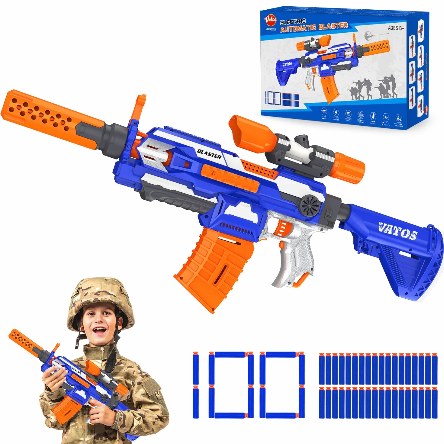 VATOS Pistola Elettrica Schiuma con 100 Dardi, Fucile Sniper Automatico 7 Stili DIY + Mirino, Giochi di Tiro 9-15m per Bambini 6-12 Anni & Adulti