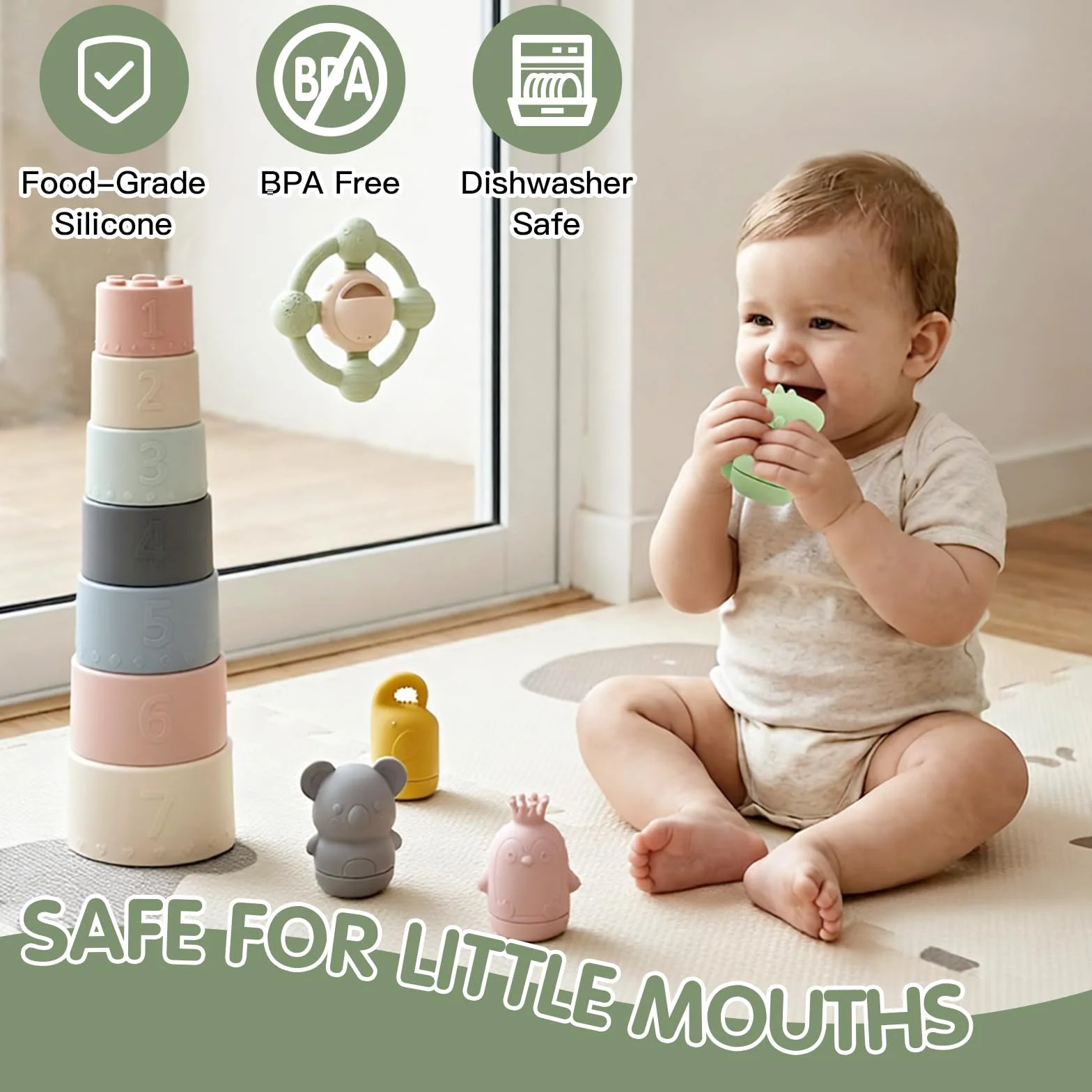 Giocattoli da Bagnetto per Bambini, Giochi Bagnetto Neonato in Silicone con Volante Giocattolo, Tazza Impilabili e Giocattoli Animali, Senza Bisfenolo A, Giocattolo a Acqua per Bagno Piscina Spiaggia