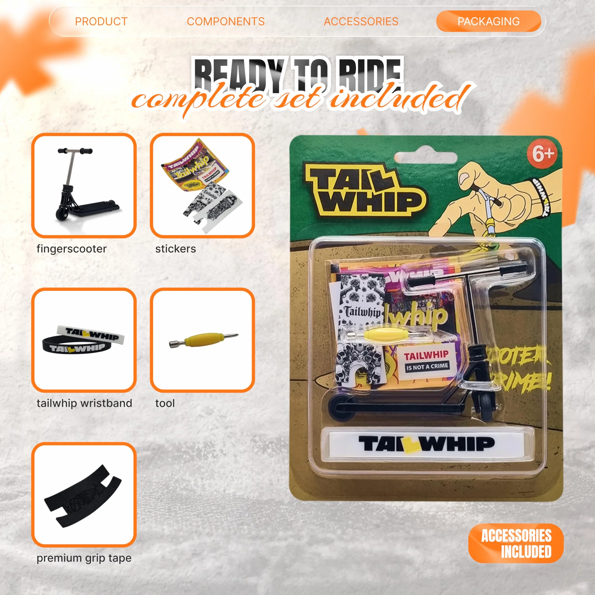 TAILWHIP Pro Finger Scooter con cuscinetti a sfera: nessun gioco, silenzioso, decalcomania per individualizzazione, robusto monopattino in metallo per bambini e adulti, nero