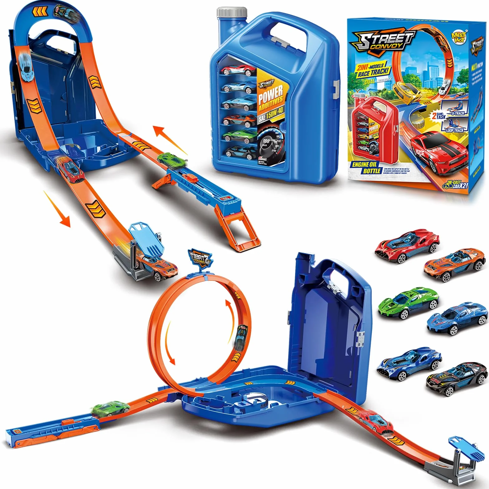 Charmofun Pista Macchinine 2 in1, Giocattolo Piste da Corsa con 6 Auto, Scatola Immagazzinaggio, Piste Macchinine per Bambini con Anello e Binari a U, Portatile Pista per Bambini 3+ Anni (Blu)