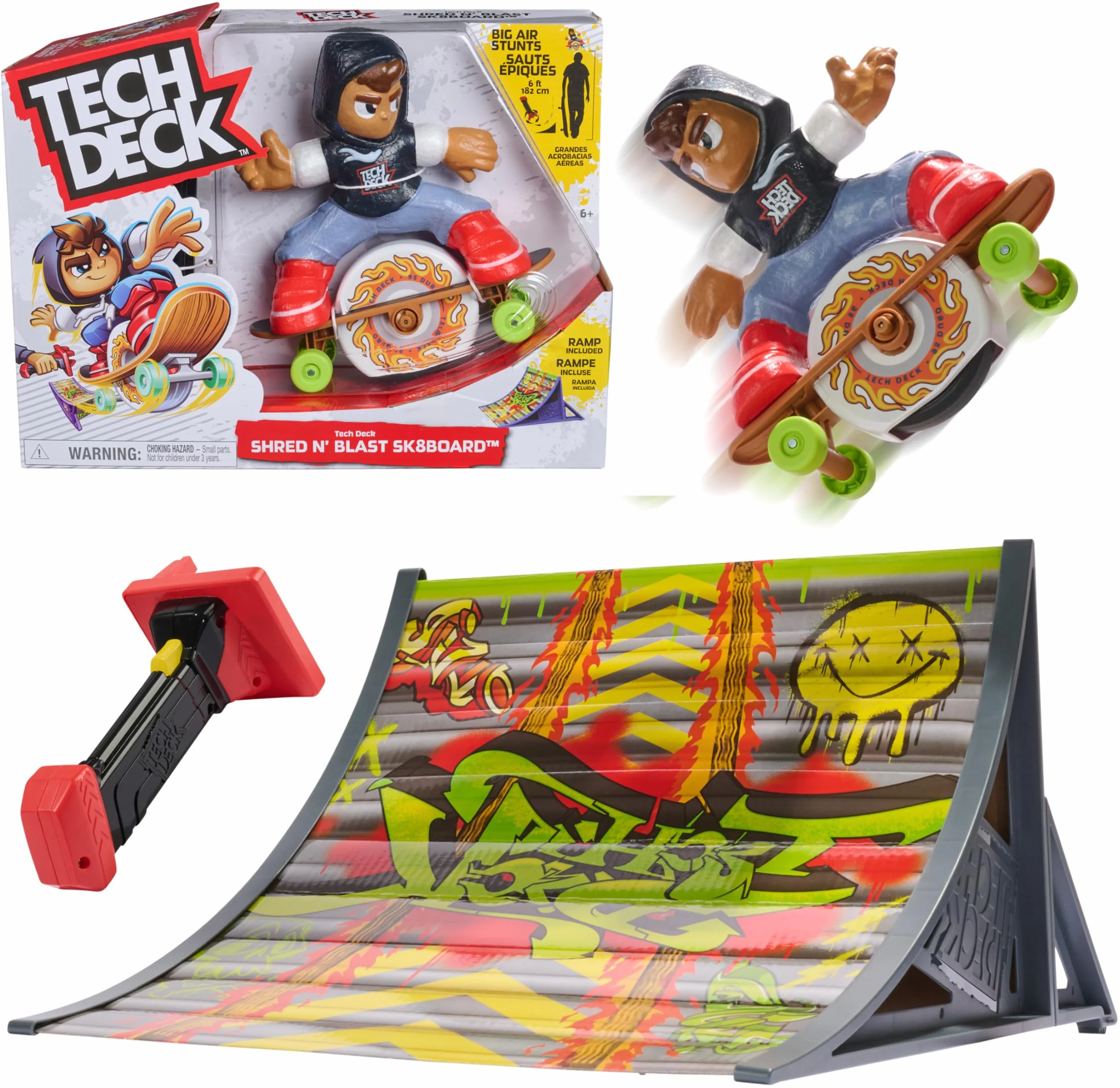 Tech Deck Shred N' Blast Sk8board, skateboard giocattolo motorizzato per le dita con rider e rampa per acrobazie ad alta velocità e salti vertiginosi, giocattoli per bambini e bambine dai 6 anni in su