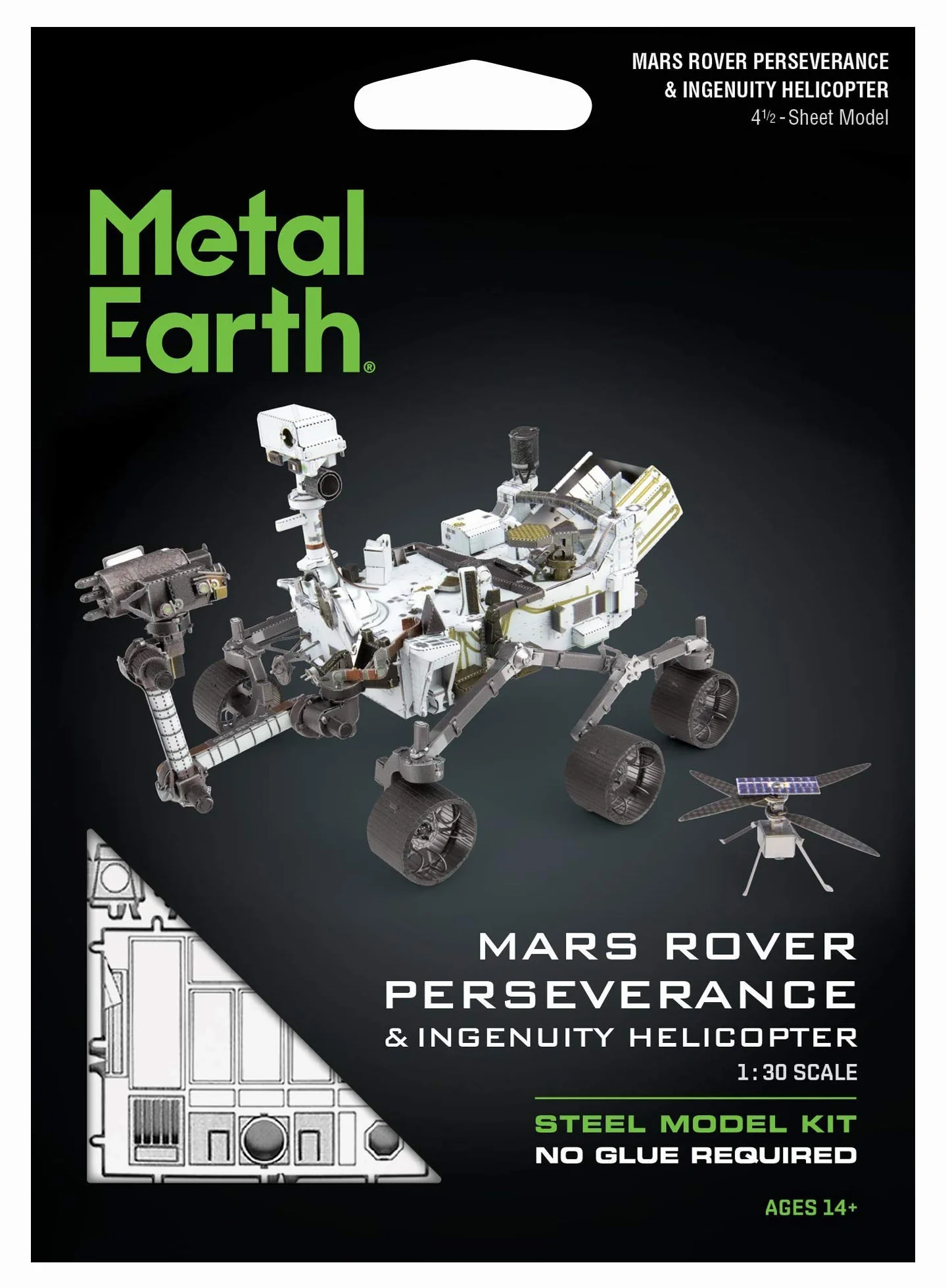 Metallo Earth Aviation: Mars Perrigorance & Ingenuity Helicopter, Rover: 9 x 12,5 x 7,5 cm & elicotteri: 3,3 x 2,6 x 2 cm, modellino 3D in metallo con 4,5 fogli, su scheda 12 x 17 cm, 14+.