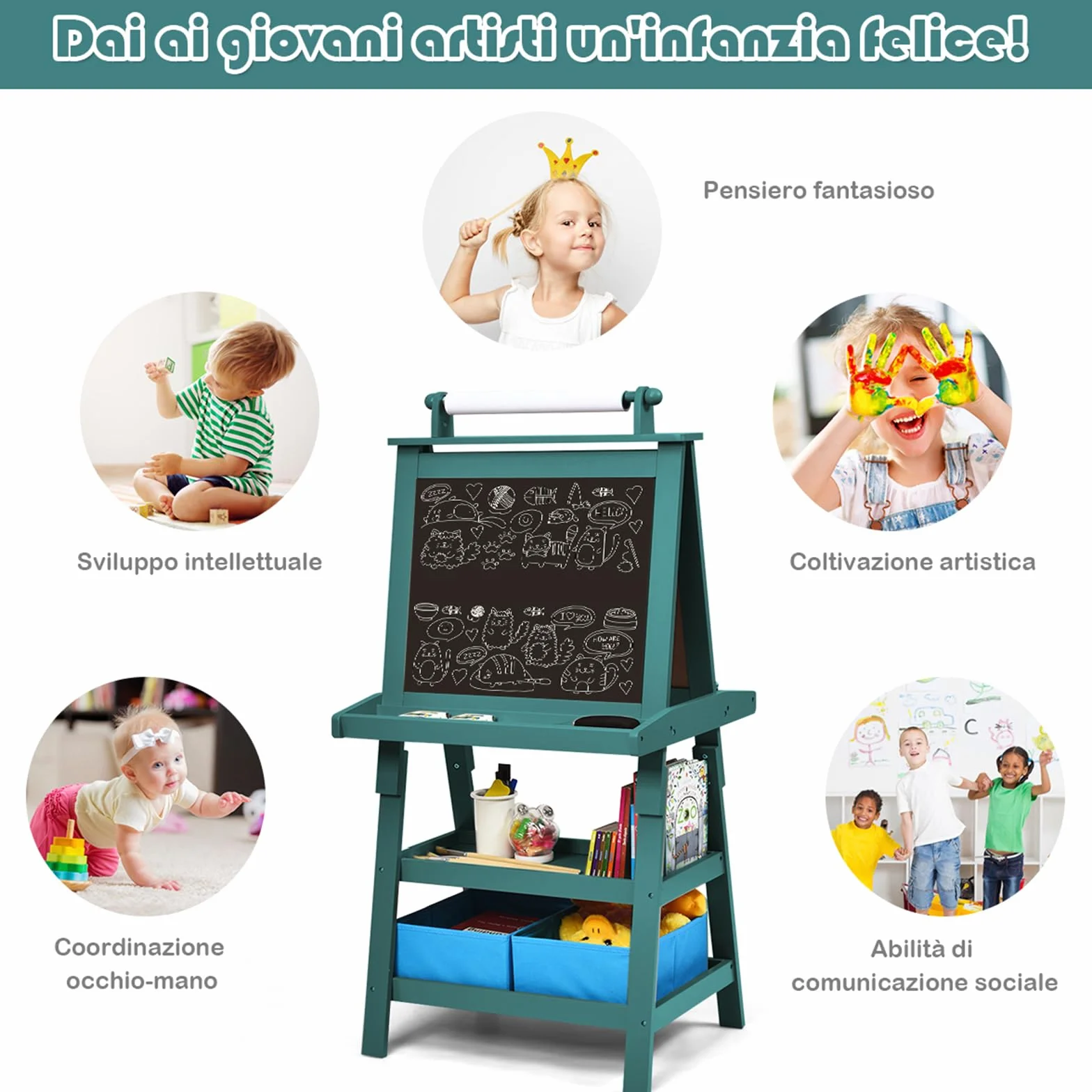 COSTWAY 3 in 1 Cavalletto per Bambini con Doppia Faccia, Legno (Blu)