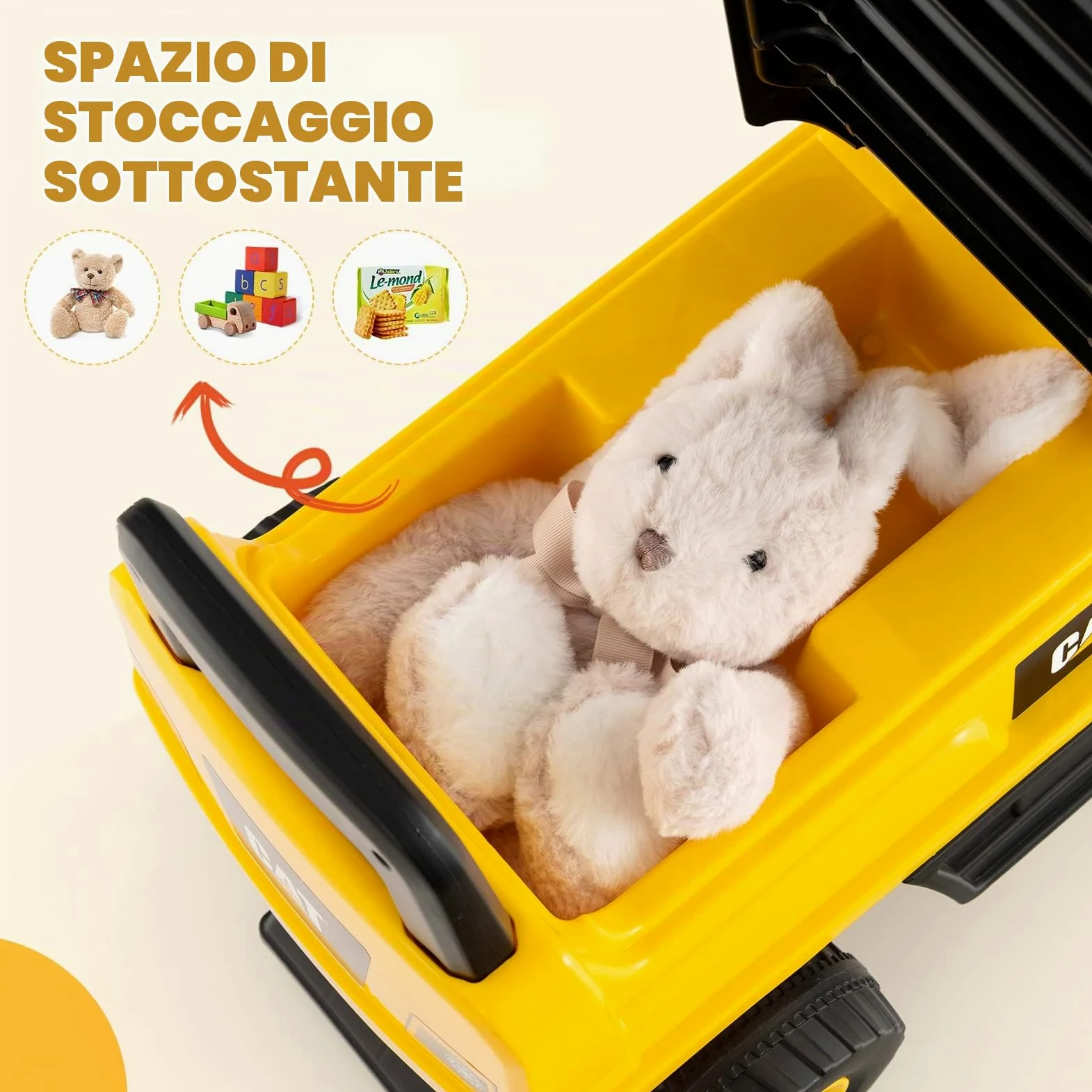 GYMAX Ruspa Giocattolo per Bambini, Escavatore Cavalcabile con Benna Regolabile, Clacson e Spazio di Archiviazione Nascosto, Pneumatici Anti-scivolo, 1-3 Anni