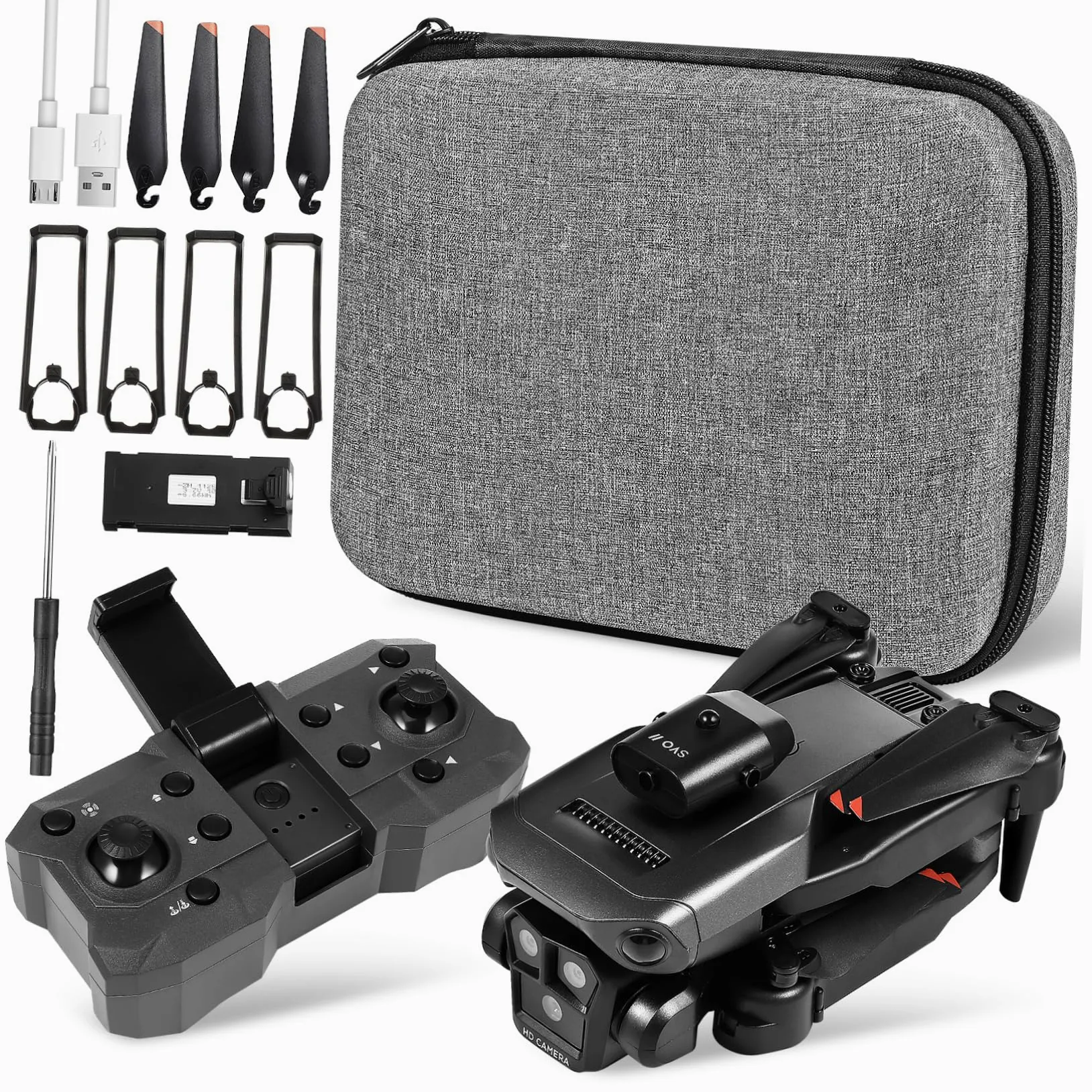 Drone Pieghevole Max con Tripla Fotocamera, Nero Abs | Obiettivo Elettrico 150°, Capacità 1800mah 3,7v, Doppie Batterie per Uso Adulto
