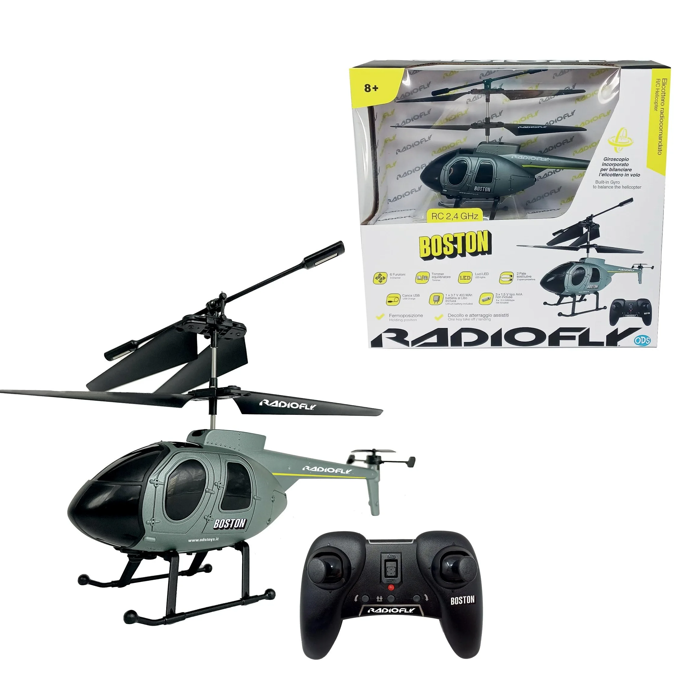 Radiofly - Boston Elicottero RC 2.4 Ghz cm 22, 6 funzioni, fermoposizione, decollo/atterraggio assistiti, TEMPO DI VOLO 10 MINUTI