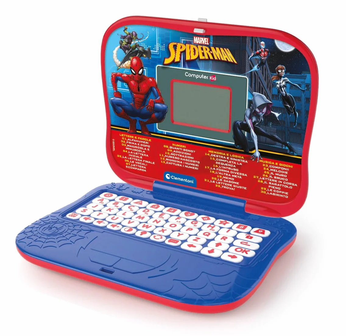 Clementoni - Computer Kid Spiderman Laptop Educativo Bambini 4+ Anni, 30 attività Educative, Gioco Elettronico per Imparare Lettere, Numeri, Musica e Logica, Batterie Incluse, Lingua Italiana, 16481