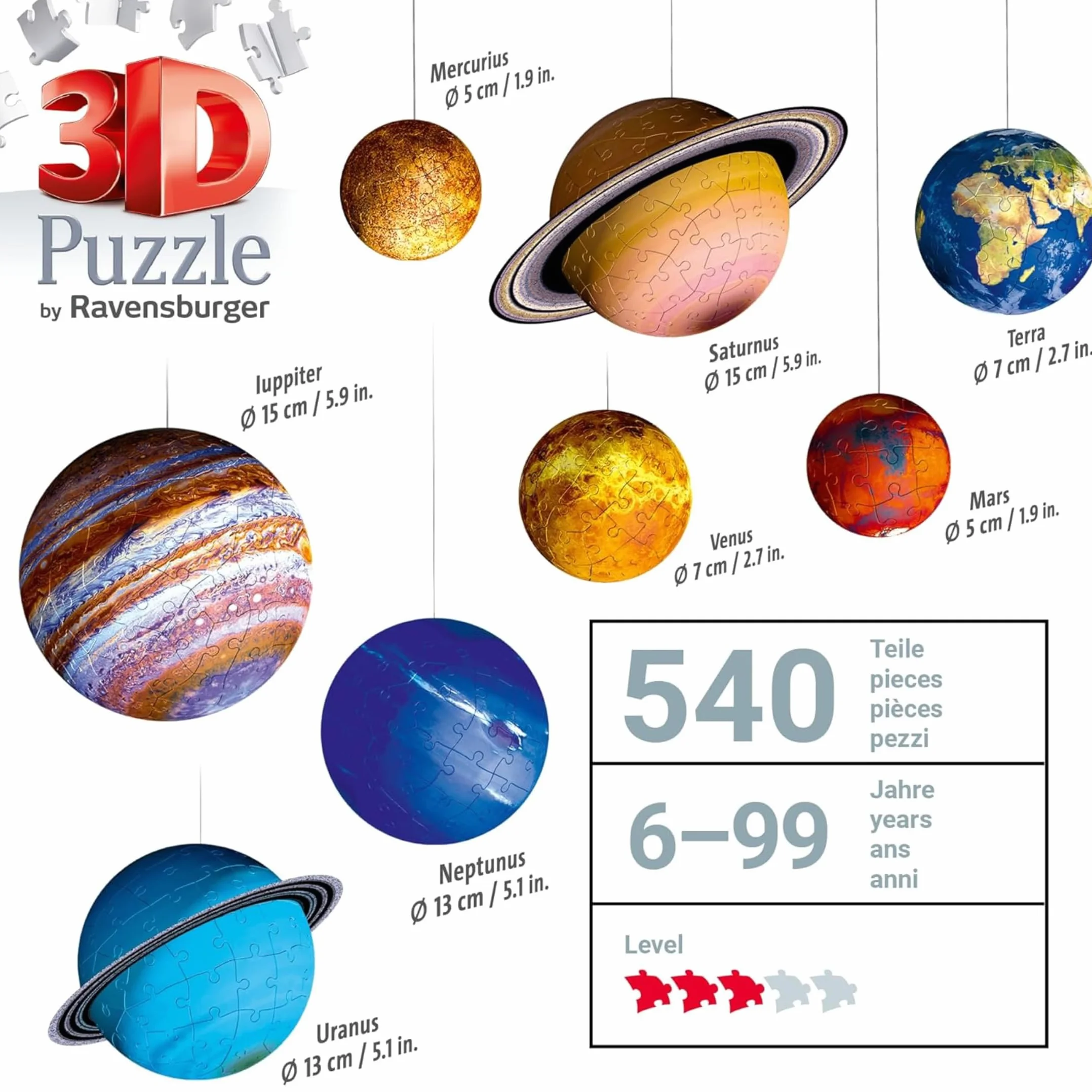 Ravensburger - Puzzle 3D Il Sistema Solare | Puzzle 3d Bambini E Adulti 540 Pezzi | Rompicapo Adulti E Rompicapo Bambini 6 Anni O Più | Regalo Bambino 6 Anni