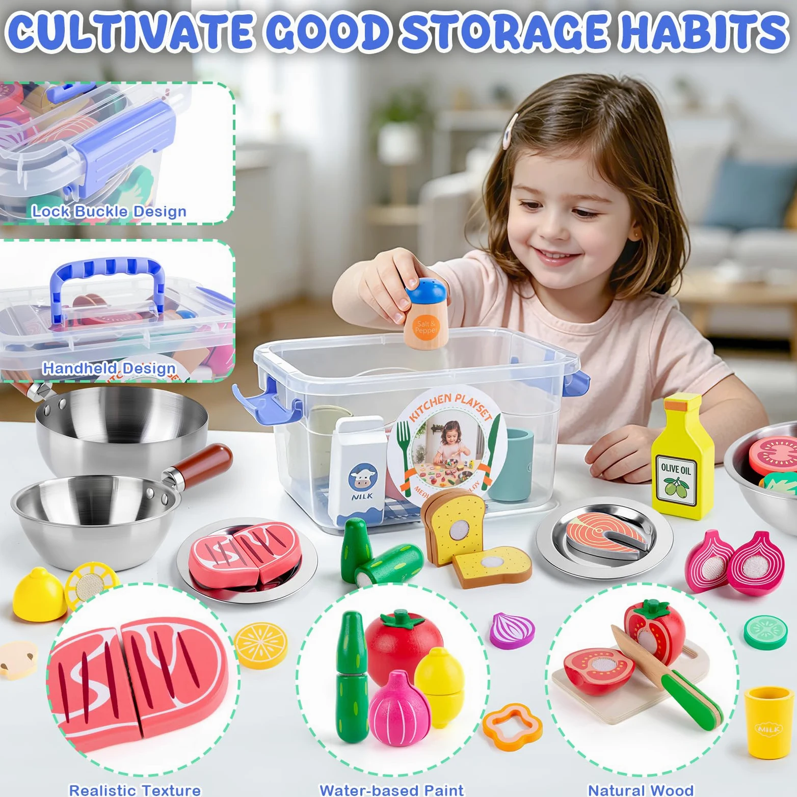 SEMKOTREE Cucina Giocattolo per Bambini, Accessori Cucina Bambini Legno Set Utensili Cucina, Insalatiera Pentole Acciaio Inox, Giochi Bambina Gioco Montessori, Regalo Bimba Bimbo 3 4 5 6 Anni
