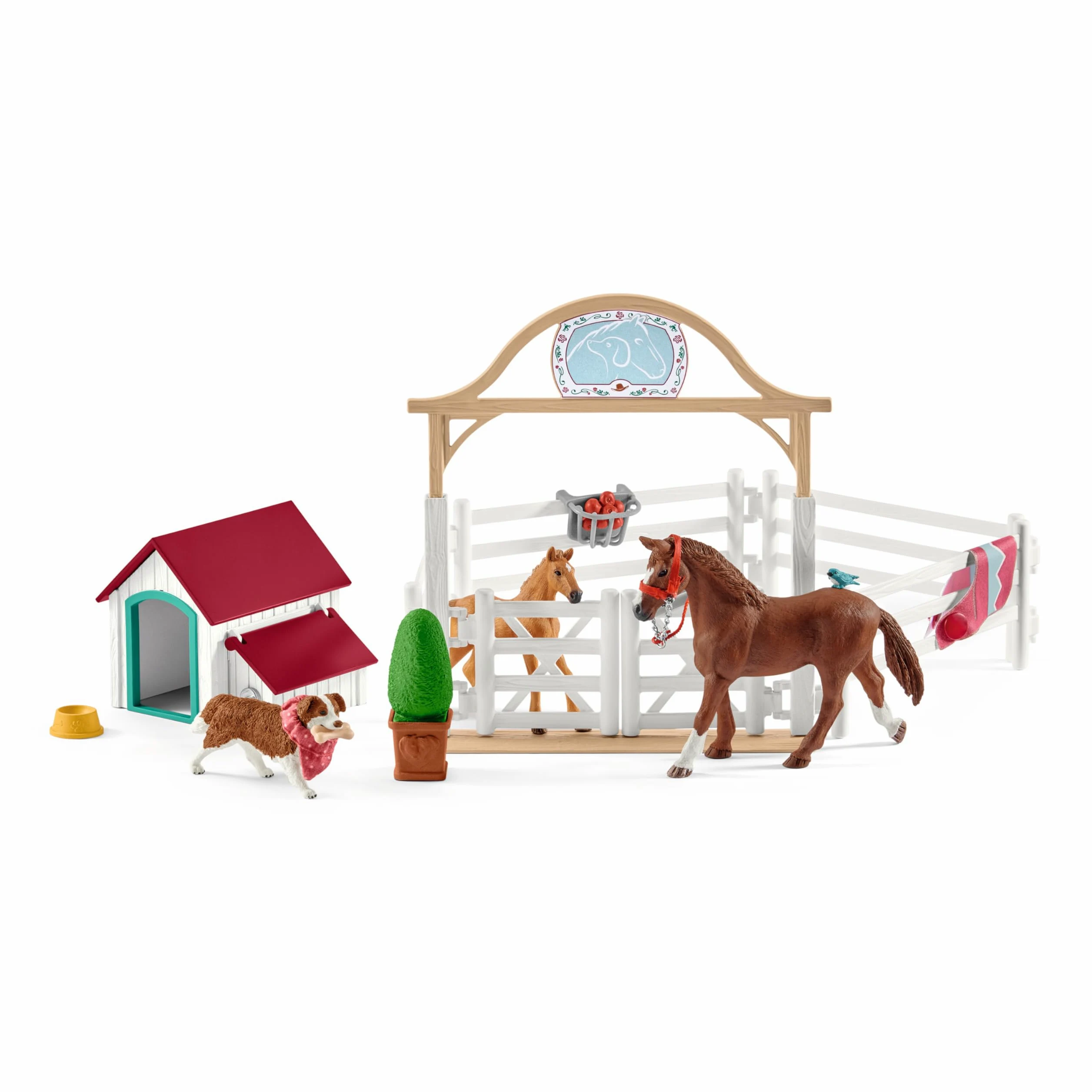 Schleich HORSE CLUB | I cavalli ospiti di Hannah con cagnolina Ruby 42458 | Set da gioco dai 6 anni | set con personaggi, numerose funzioni e tanti accessori | giocattolo cavallo realistico | 33 pezzi