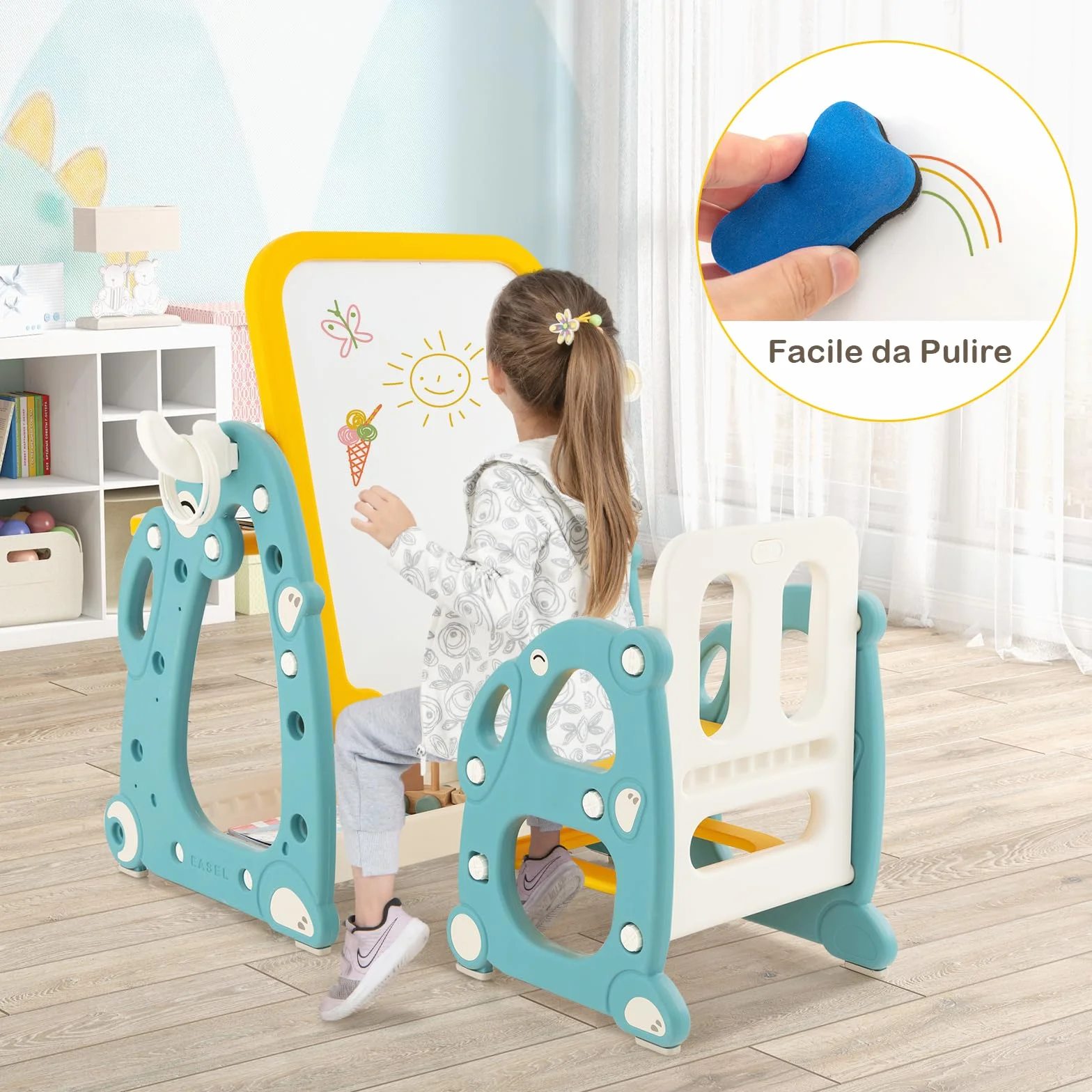 GYMAX Tavolozza Artistica 4 in 1 per Bambini con Sedia, Set Tavolo e Sedia per Disegno con Lavagna Magnetica Regolabile