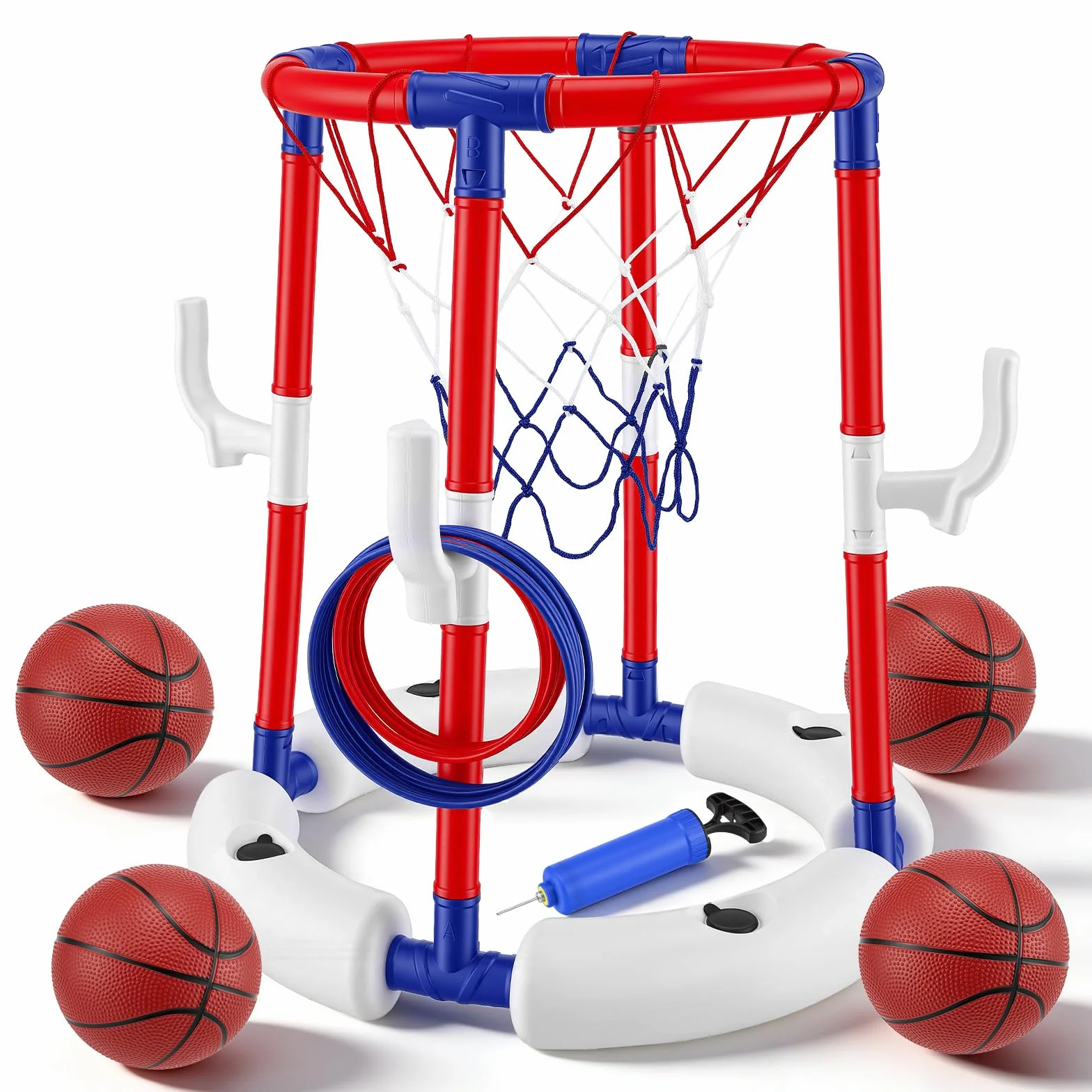 Canestro da Basket per Piscina 2-in-1, Galleggianti per Piscina per Bambini e Adulti, con 4 Palloni 12 Anelli, Gioco Acqua Cerchi da Lancio, Canestro Basket Bambini per Estate e Divertimento in Acqua