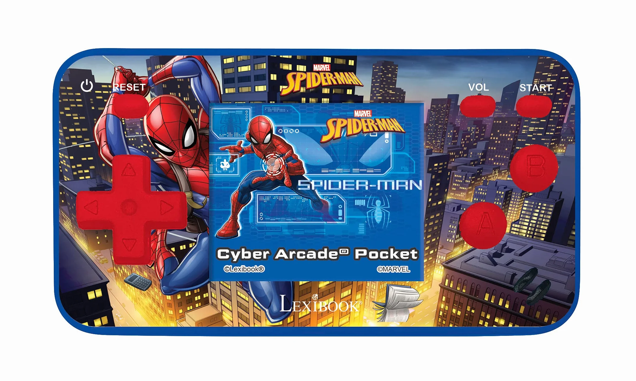 Lexibook, Spider-Man, Cyber Arcade Pocket, console di gioco portatile, 150 giochi, schermo LCD da 1,8", alimentazione a batteria, blu/rosso, JL1895SP