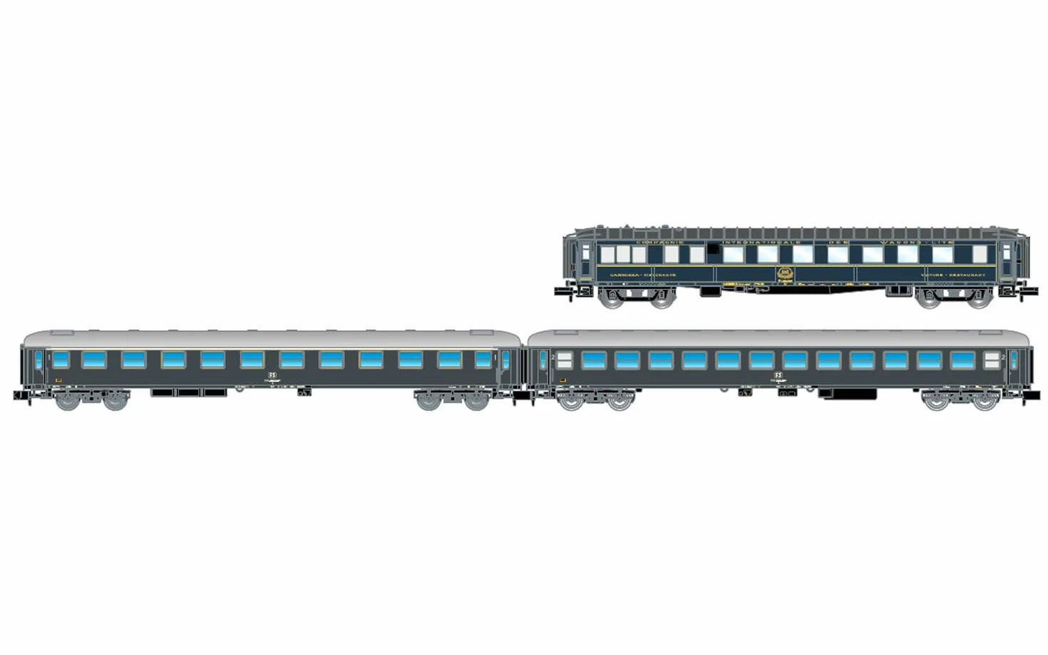 ARNOLD HN4469 FS, treno espresso in confezione da 3 unità, CIWL WR più UIC-X 64 1a classe più UIC-X 64 2a classe grigio, carrozze passeggeri epIV