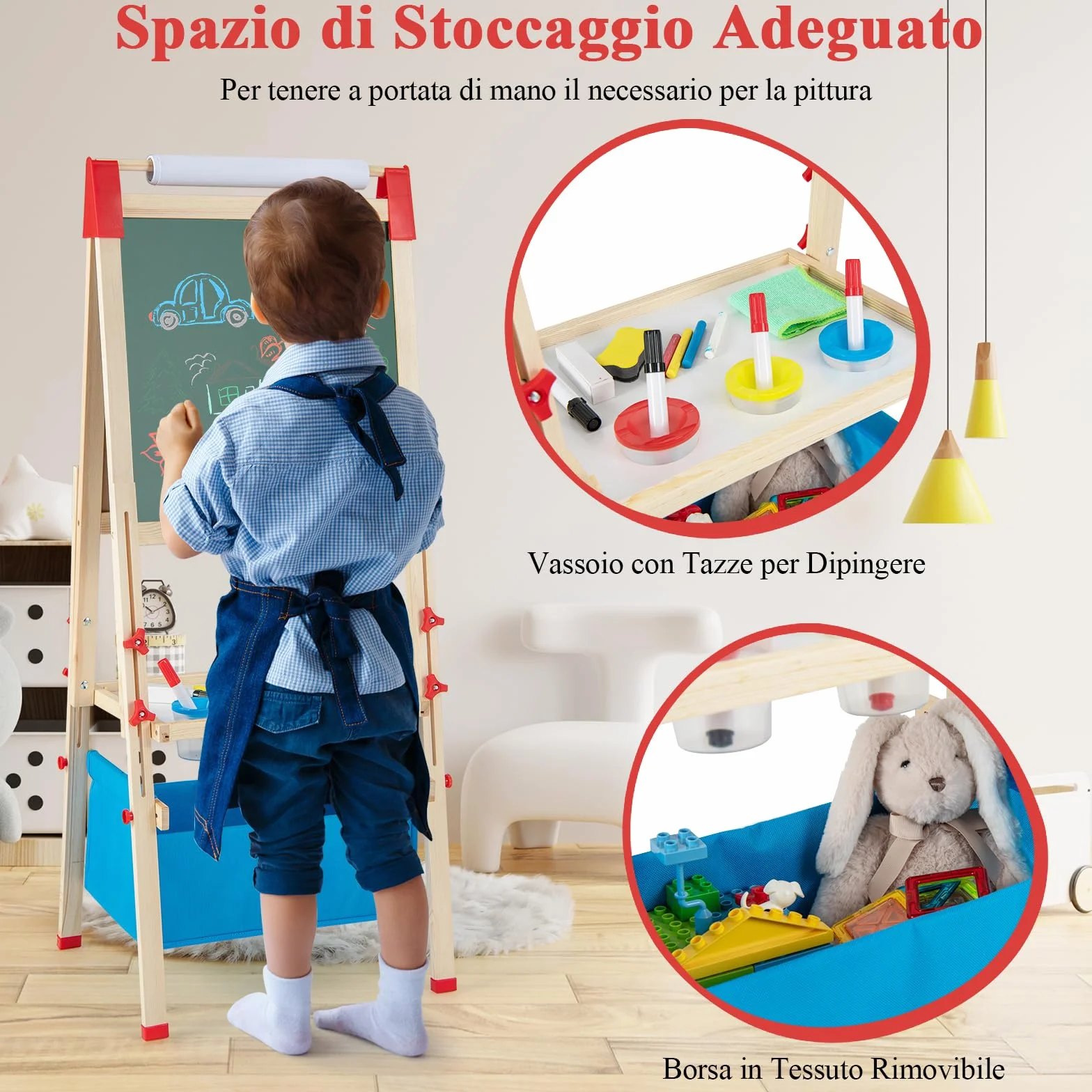RELAX4LIFE Cavalletto per Bambini Regolabile in Altezza Legno Doppia Faccia Lavagna Magnetica Bianca Rotolo Carta Accessori Pittura