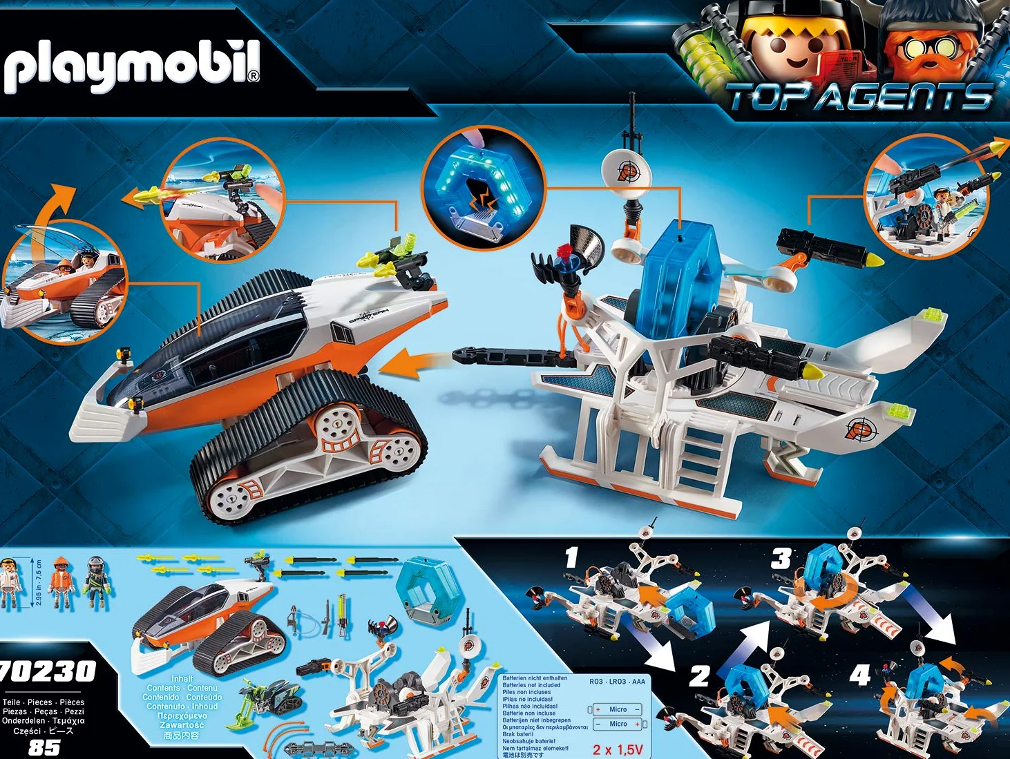 PLAYMOBIL Top Agents 70230, Stazione di Comando con Veicolo cingolato dello Spy Team, con luci e Suoni, dai 6 Anni