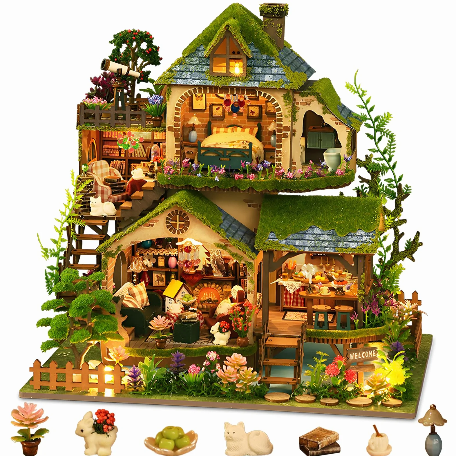 Kit fai da te in miniatura, kit per casa delle bambole vittoriana, puzzle 3D in legno per libreria, kit per la costruzione di mini case delle bambole per adulti e adolescenti (Cottage nella foresta)