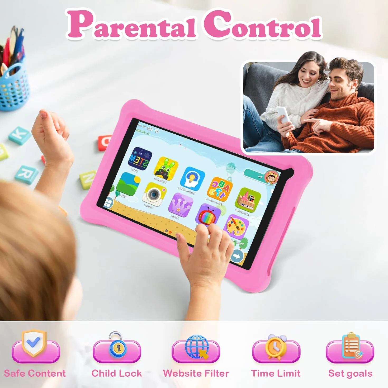 Tablet bambini 7 pollici con Controllo Parentale, Android 13, Schermo IPS, 8GB RAM 64GB ROM(256 GB Espandibile), WiFi, App Pre-installed, Doppia fotocamera, Tablet Educativo con Custodia (Rosa)