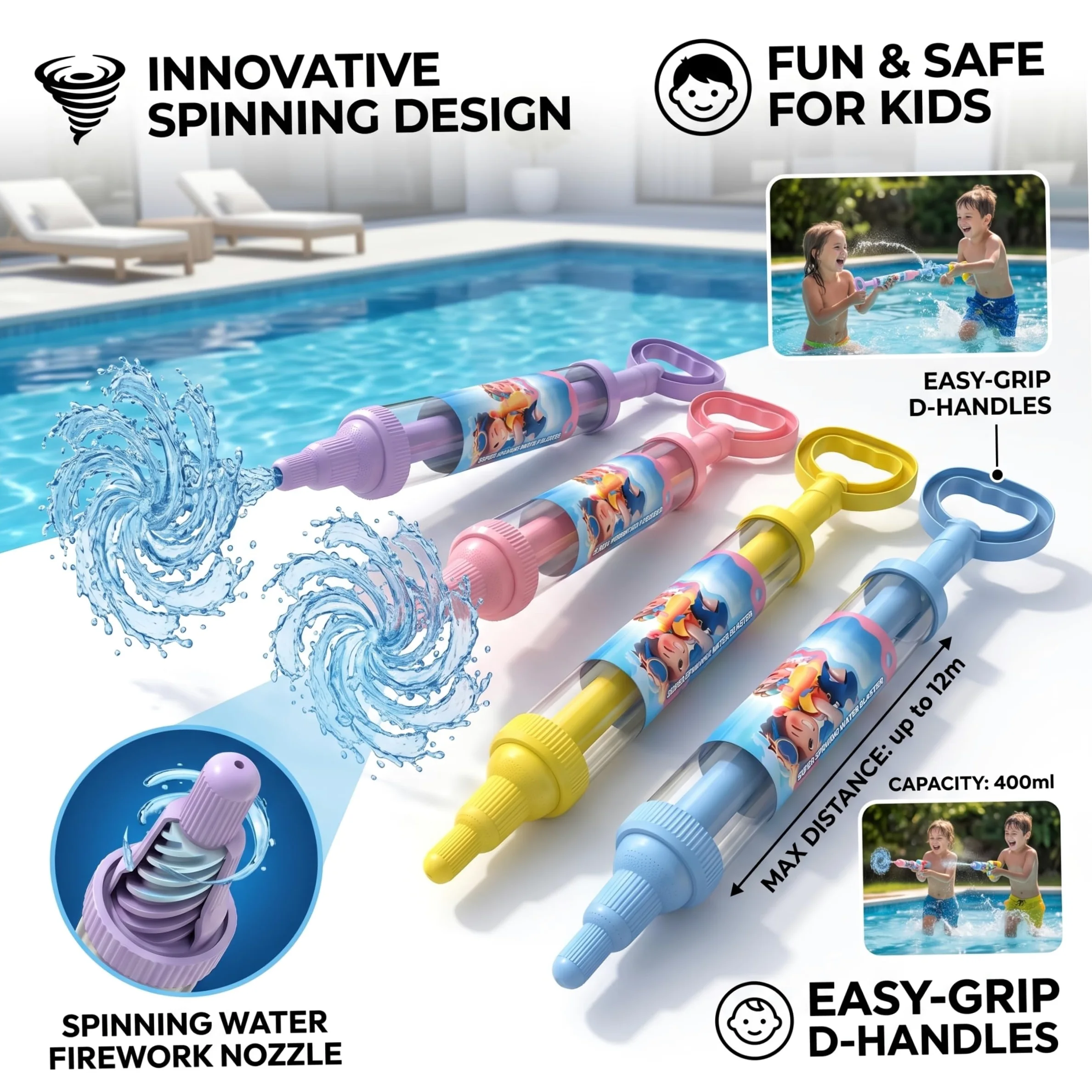 Pistola ad Acqua per Fuochi d'Artificio per Bambini 4 Pezzi Pistola ad Acqua per Fuochi d'Artificio per Bambini Giocattolo con Spruzzi Rotanti a 3 Strati Capacità di 400 ml Giocattolo da Est