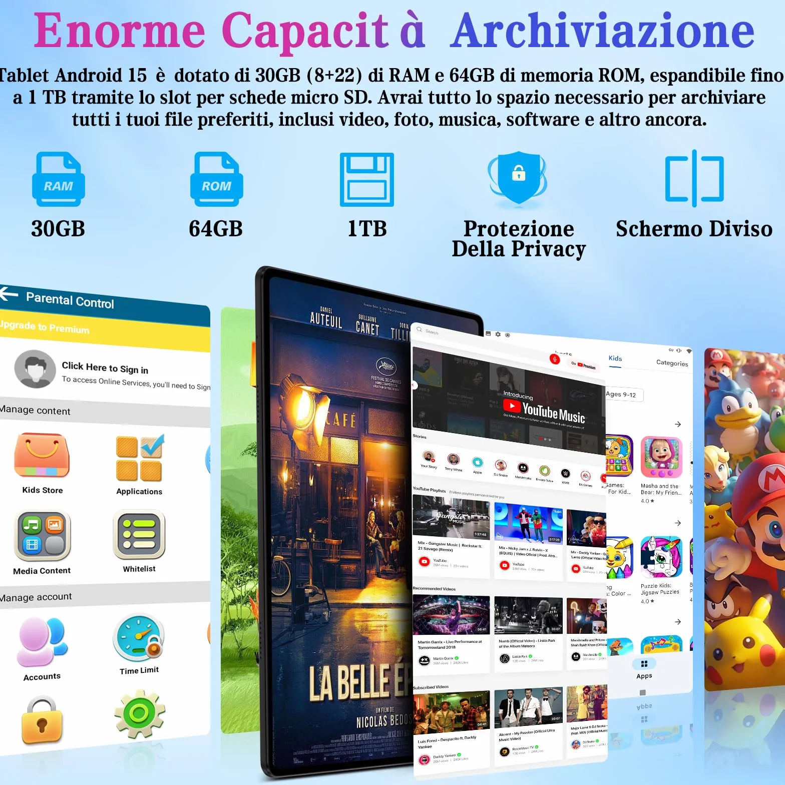 ZIOVO Tablet Bambini 10 Pollici Tablets Android 15, 30GB RAM+64GB ROM(TF 2TB), 5G WiFi Tablets,Gemini AI/Octa-Core/Widevine L1/Face ID/Parentale Controllo/6000 mAh/BT 5.0, Tablet con Eva Caso-Verde