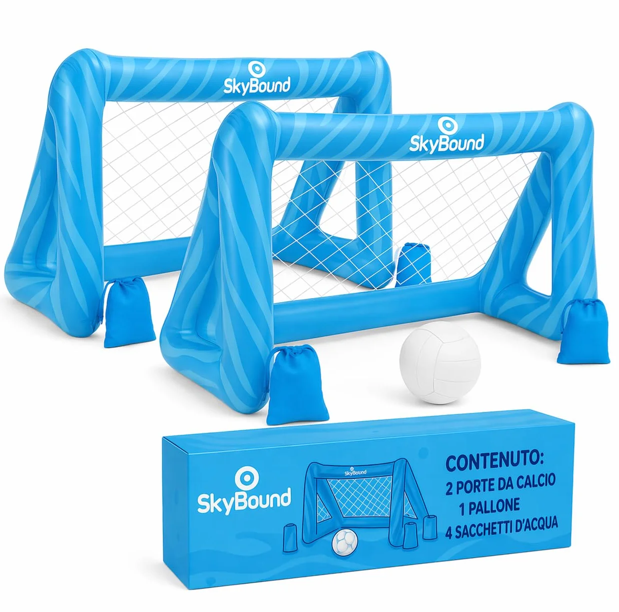 SkyBound Set 2 Porte Gonfiabili da Pallanuoto: Il miglior gioco in piscina per bambini - Porta da calcio acquatico con 4 zavorre e palla - Ideale per l'estate e feste in giardino - Pack da 2.