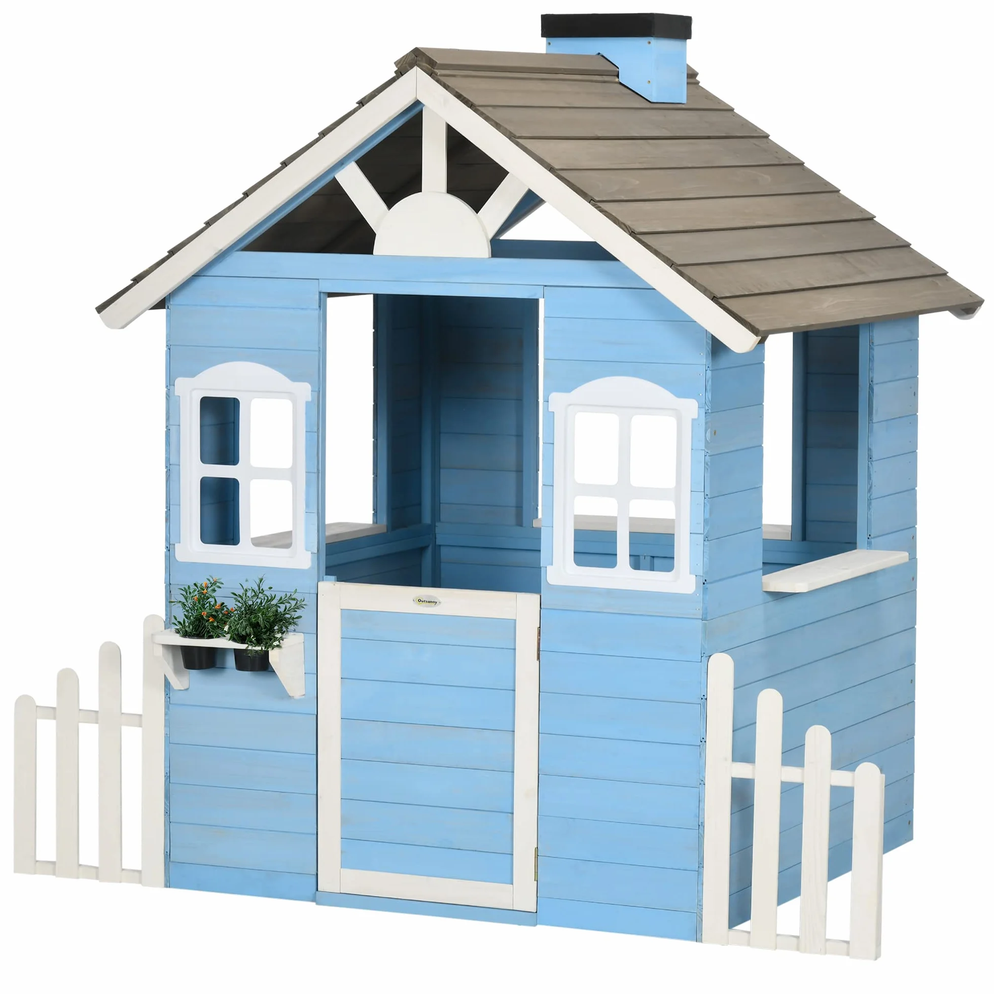 Outsunny Casa per Bimbi 3-7 Anni con Staccionata, Portavasi, Porta e Finestre, Casetta per Bambini in Legno di Abete, 151x112.5x142 cm, Blu