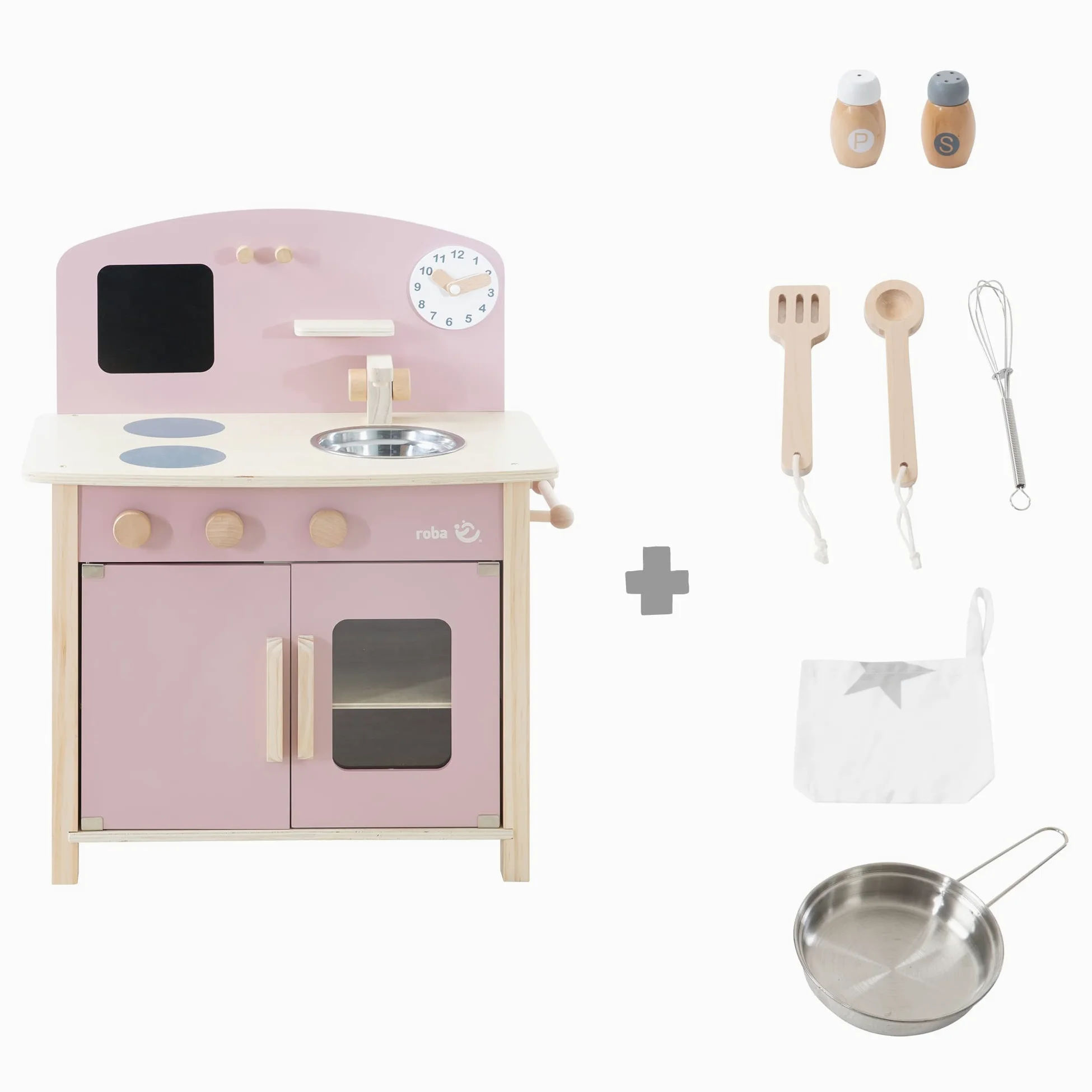 roba Cucina Giocattolo per Bambini, con Piano Cottura + Lavello, Accessori in Metallo e Legno, a Partire dai 3 Anni, Legno Naturale e Laccato Rosa