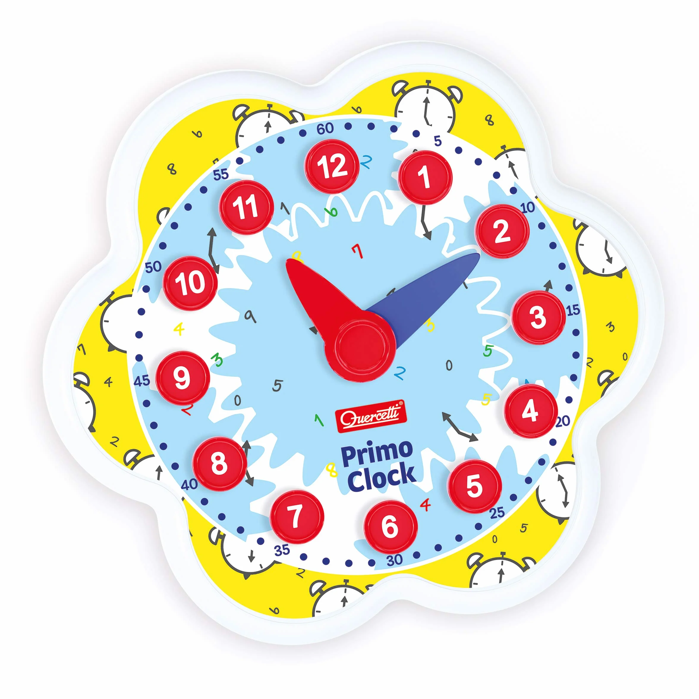 Quercetti Primo Clock, Orologio Educativo Montessori per Mambini 4-8 Anni con Tessere Riscrivibili, Pennarello e lancette mobili, Giochi Educativi per Imparare a Leggere l’Ora, Made in Italy